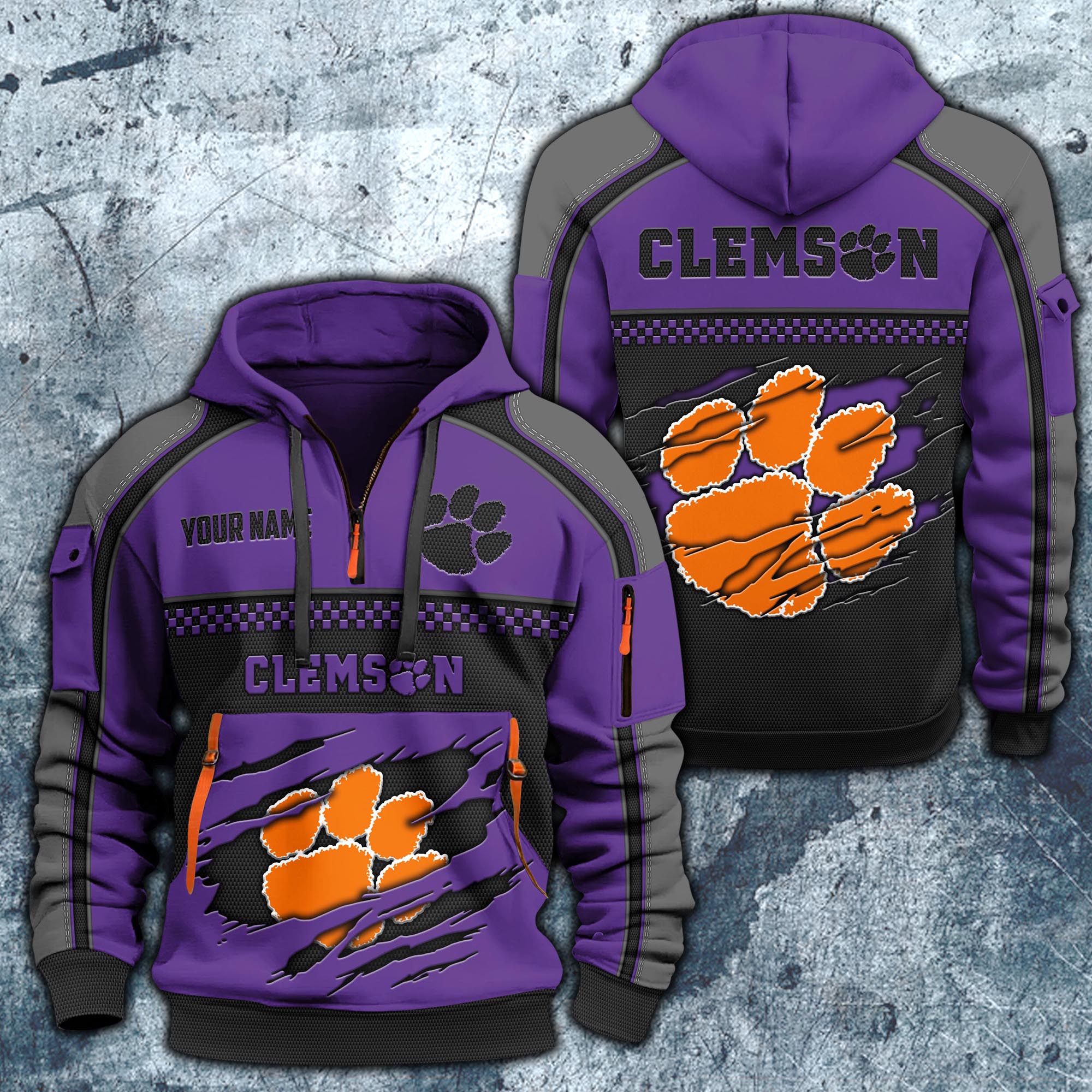 Clemson Tigers Hoodie Half Zipper Custom Your Name,  Sports 3D Half-zip Hoodie EHIVM-07092718