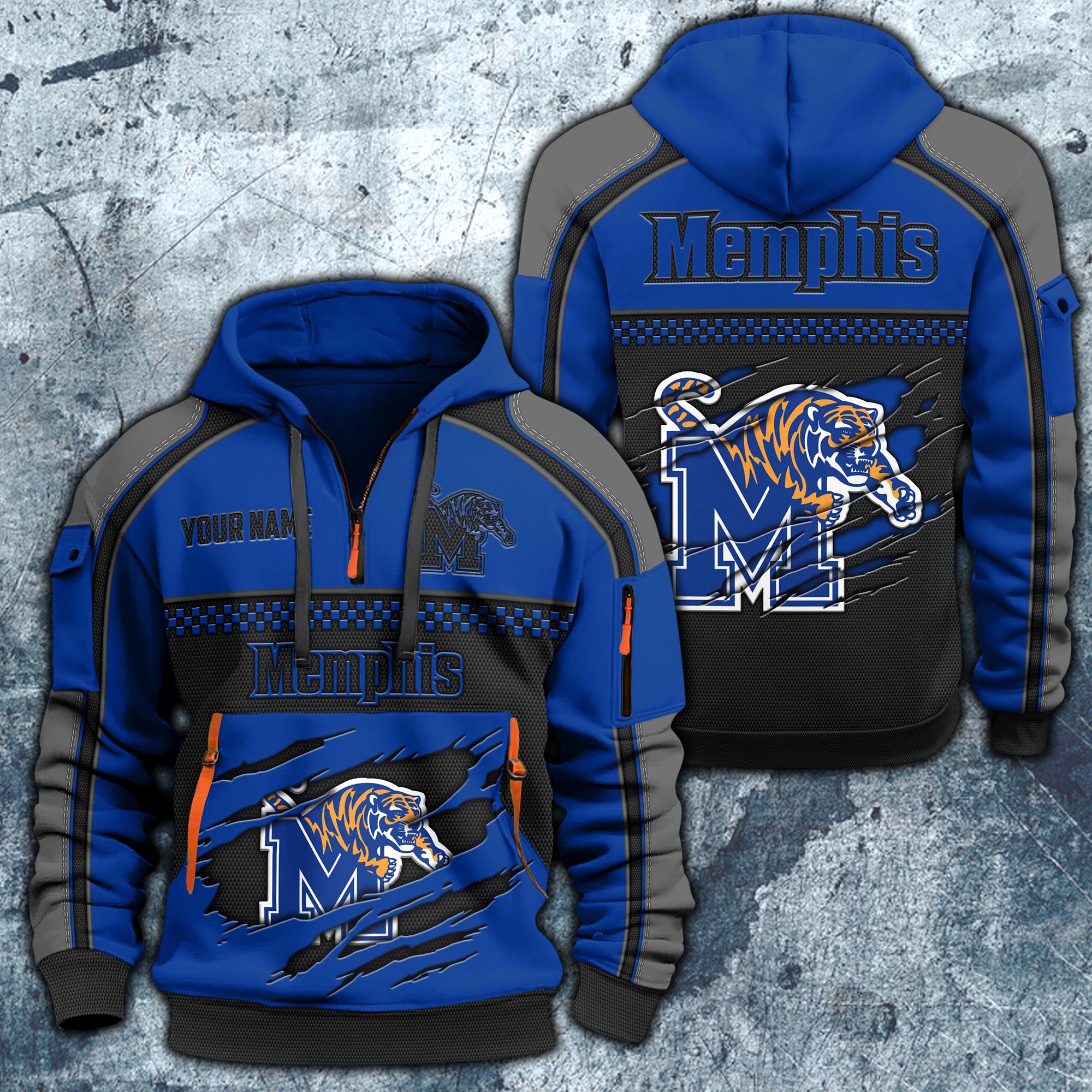 Memphis Tigers Hoodie Half Zipper Custom Your Name,  Sports 3D Half-zip Hoodie EHIVM-07092718
