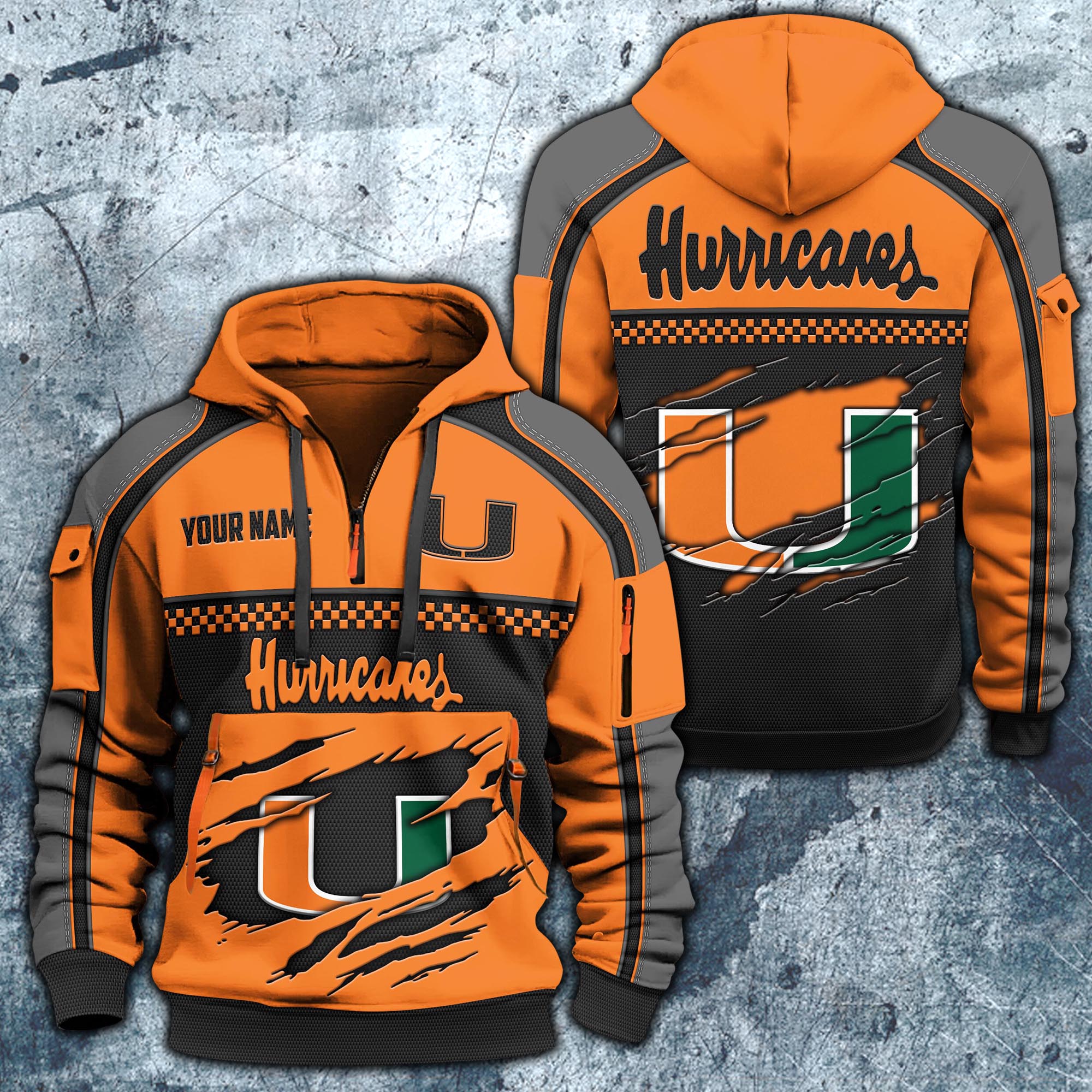 Miami Hurricanes Hoodie Half Zipper Custom Your Name,  Sports 3D Half-zip Hoodie EHIVM-07092718