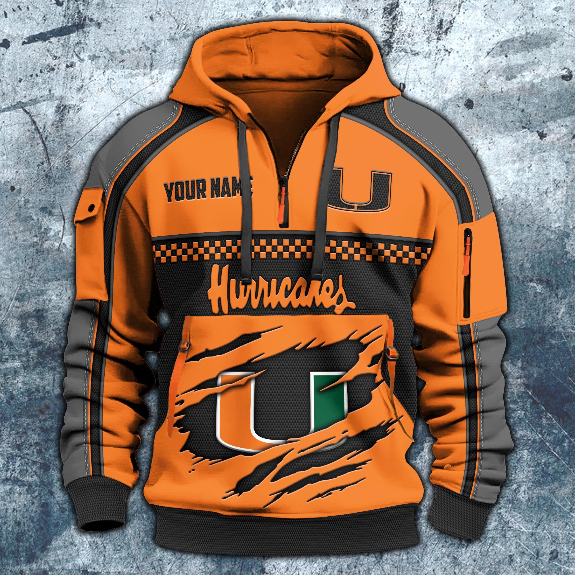 Alternative view of Miami Hurricanes Hoodie Half Zipper Custom Your Name,  Sports 3D Half-zip Hoodie EHIVM-07092718
