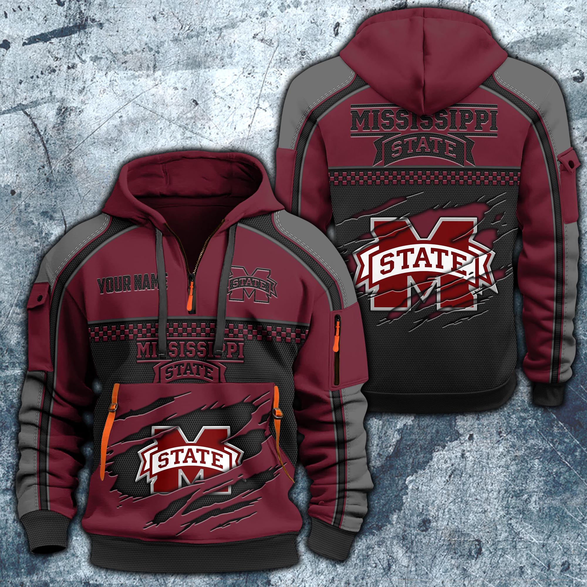 Mississippi State Bulldogs Hoodie Half Zipper Custom Your Name,  Sports 3D Half-zip Hoodie EHIVM-07092718