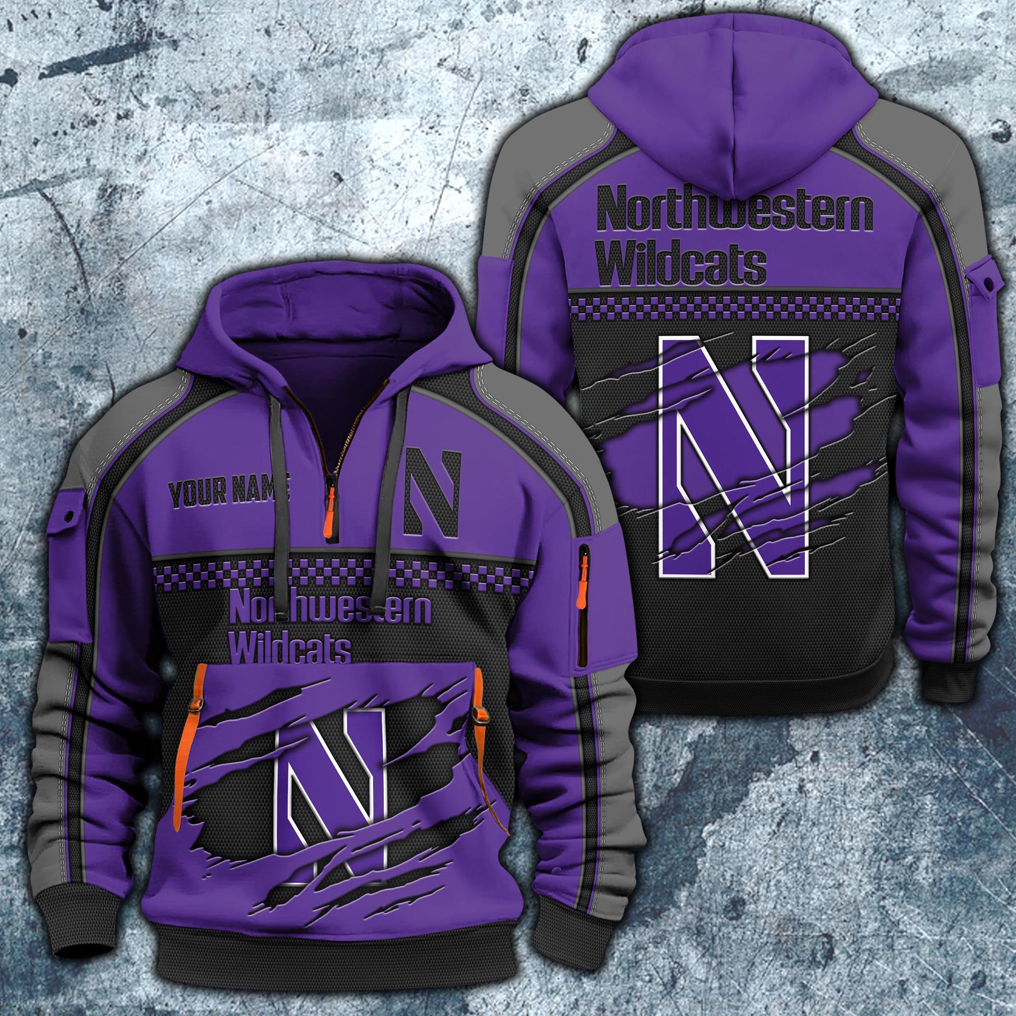 Northwestern Wildcats Hoodie Half Zipper Custom Your Name,  Sports 3D Half-zip Hoodie EHIVM-07092718