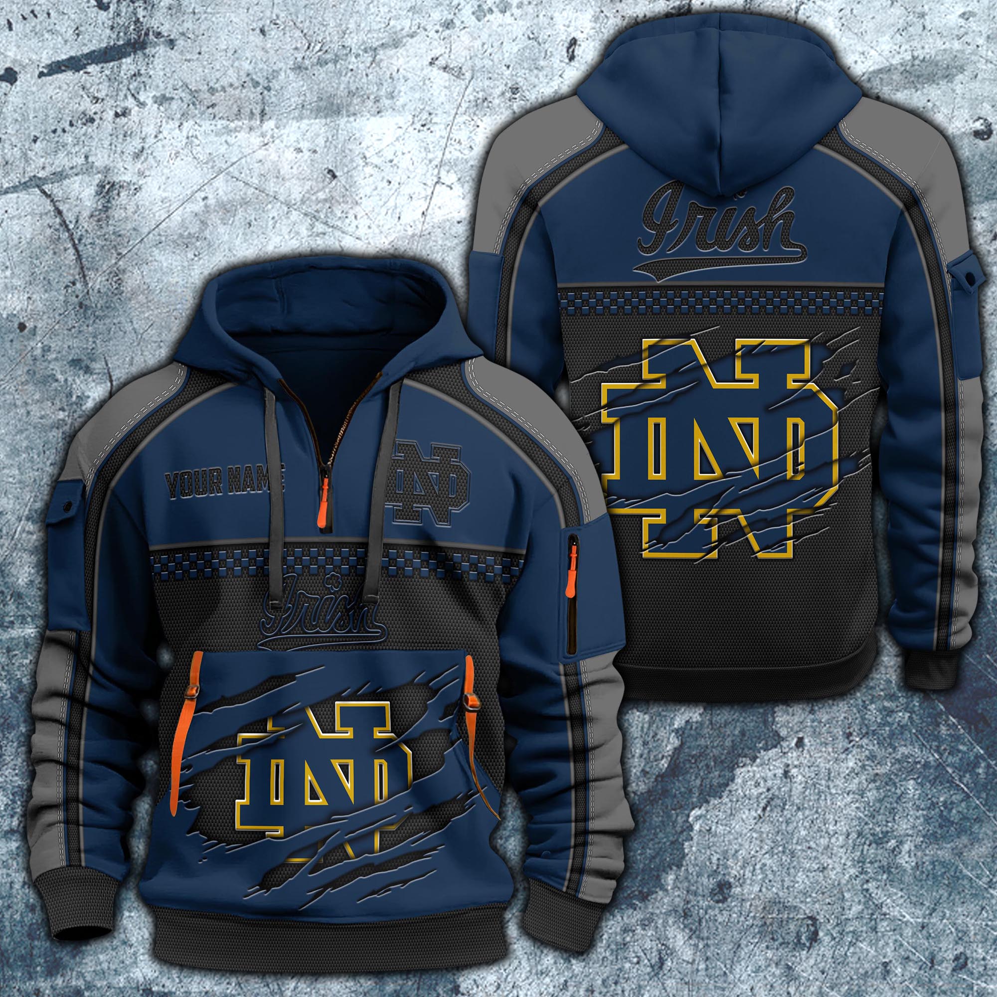 Notre Dame Fighting Irish Hoodie Half Zipper Custom Your Name,  Sports 3D Half-zip Hoodie EHIVM-07092718