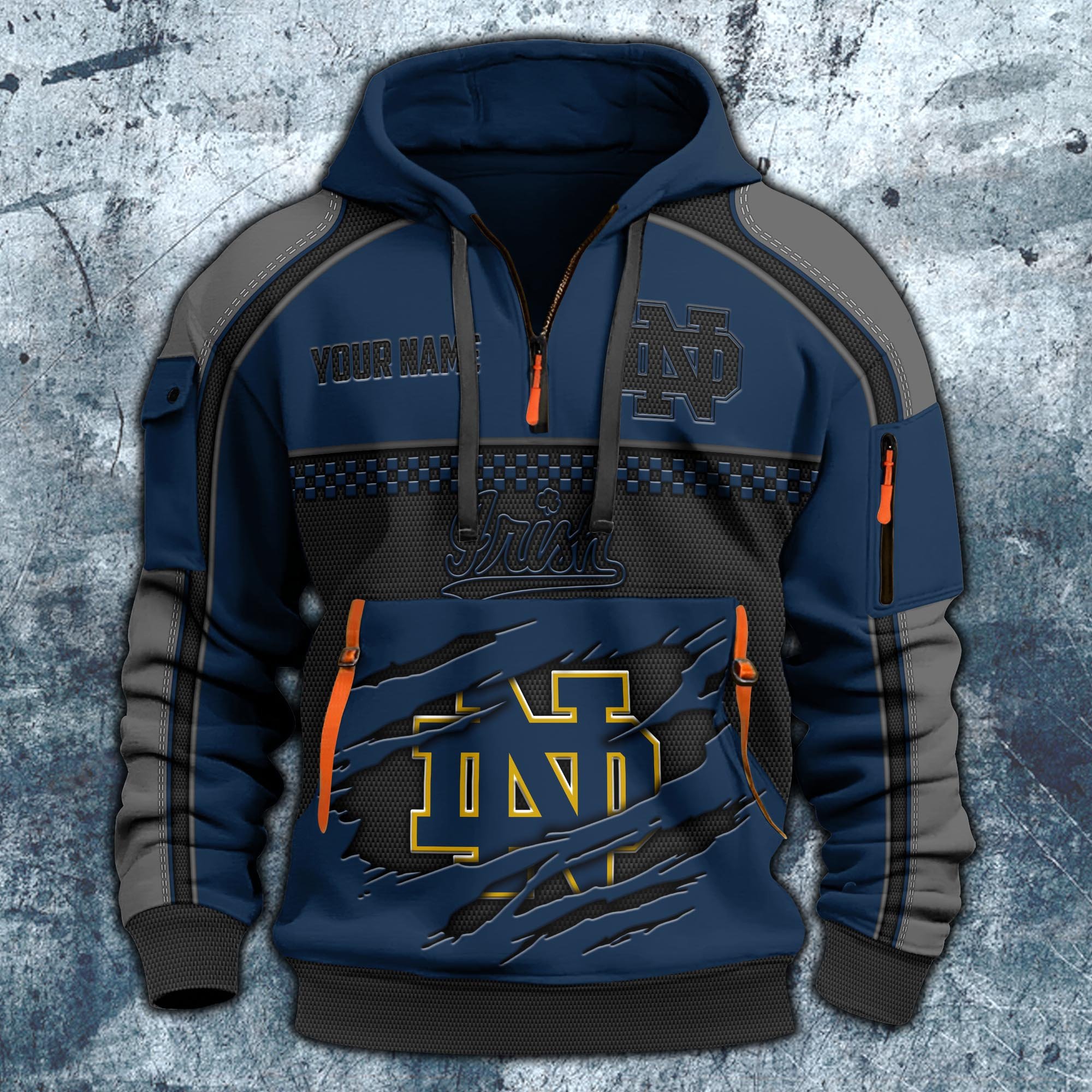 Alternative view of Notre Dame Fighting Irish Hoodie Half Zipper Custom Your Name,  Sports 3D Half-zip Hoodie EHIVM-07092718