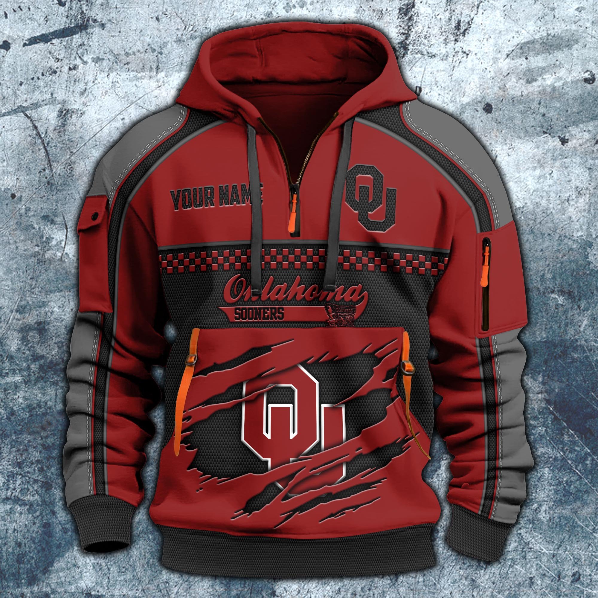 Alternative view of Oklahoma Sooners Hoodie Half Zipper Custom Your Name,  Sports 3D Half-zip Hoodie EHIVM-07092718