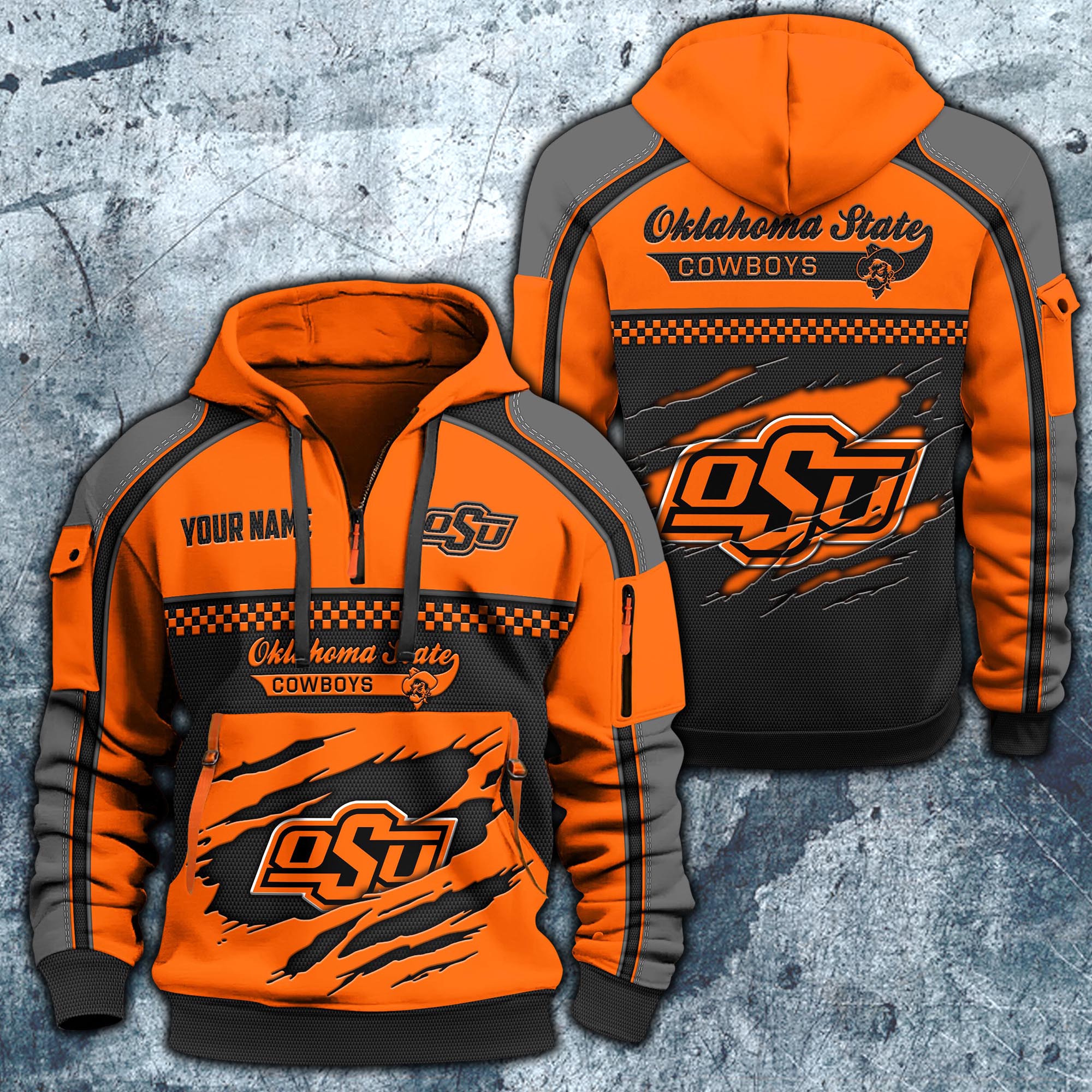 Oklahoma State Cowboys Hoodie Half Zipper Custom Your Name,  Sports 3D Half-zip Hoodie EHIVM-07092718