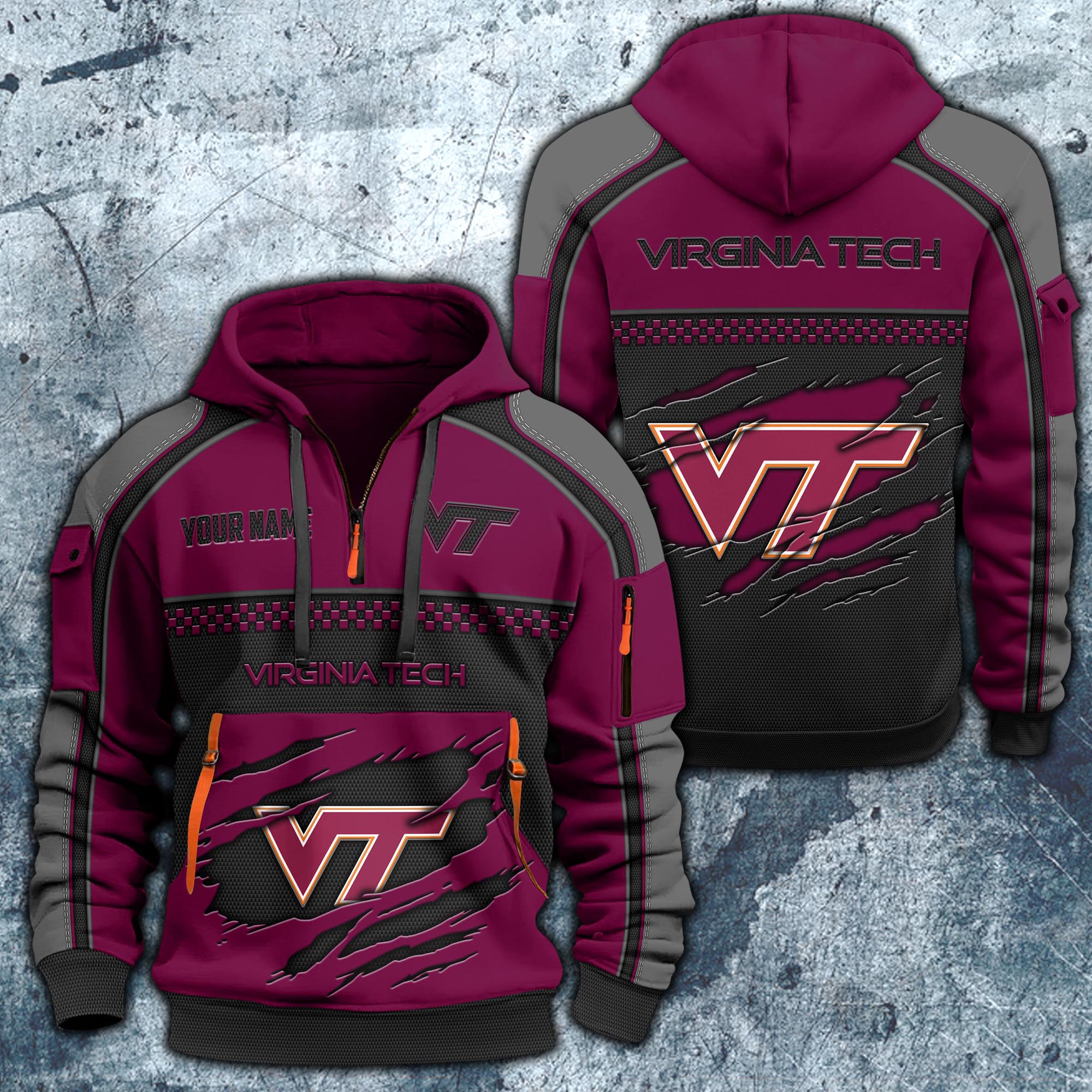 Virginia Tech Hokies Hoodie Half Zipper Custom Your Name,  Sports 3D Half-zip Hoodie EHIVM-07092718