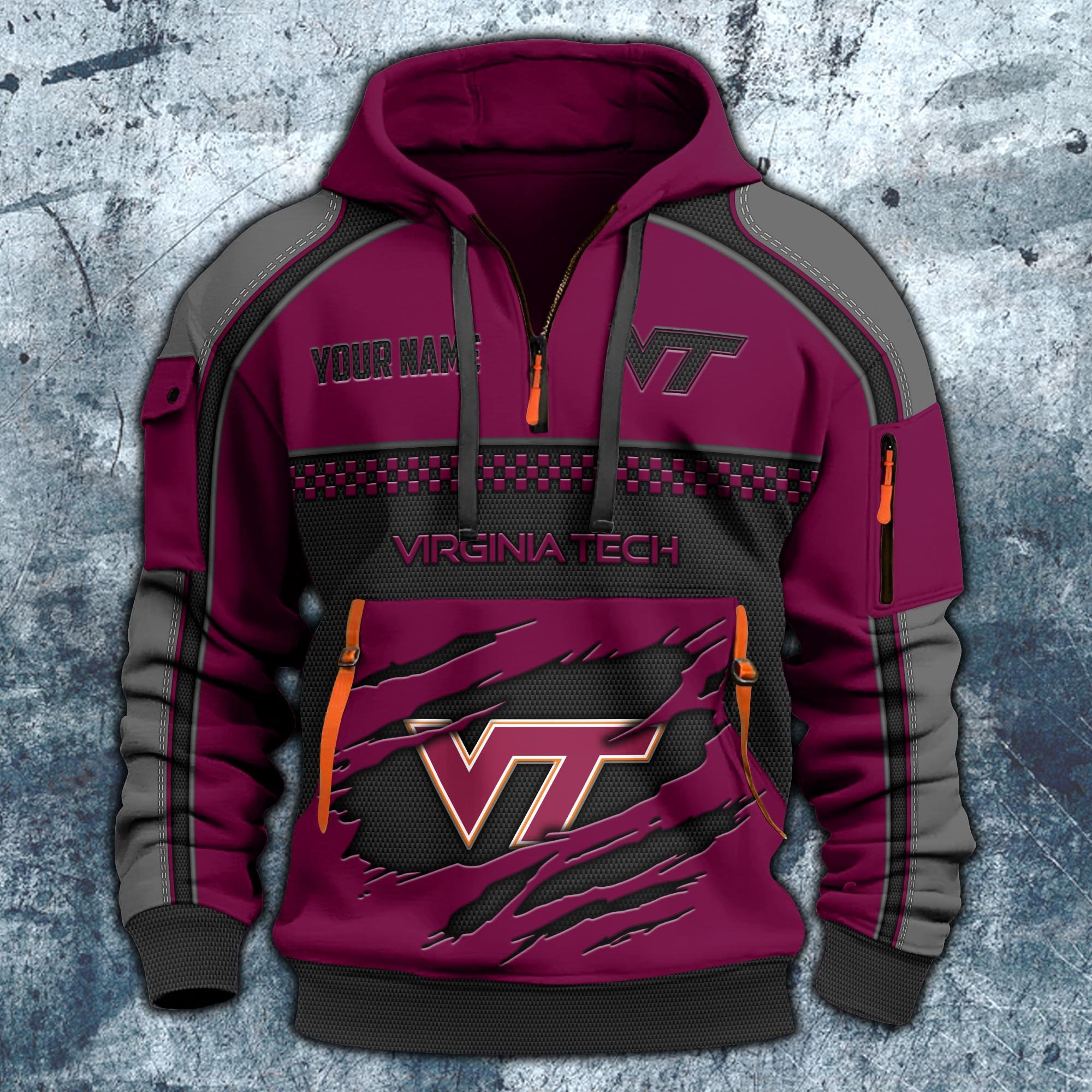 Alternative view of Virginia Tech Hokies Hoodie Half Zipper Custom Your Name,  Sports 3D Half-zip Hoodie EHIVM-07092718