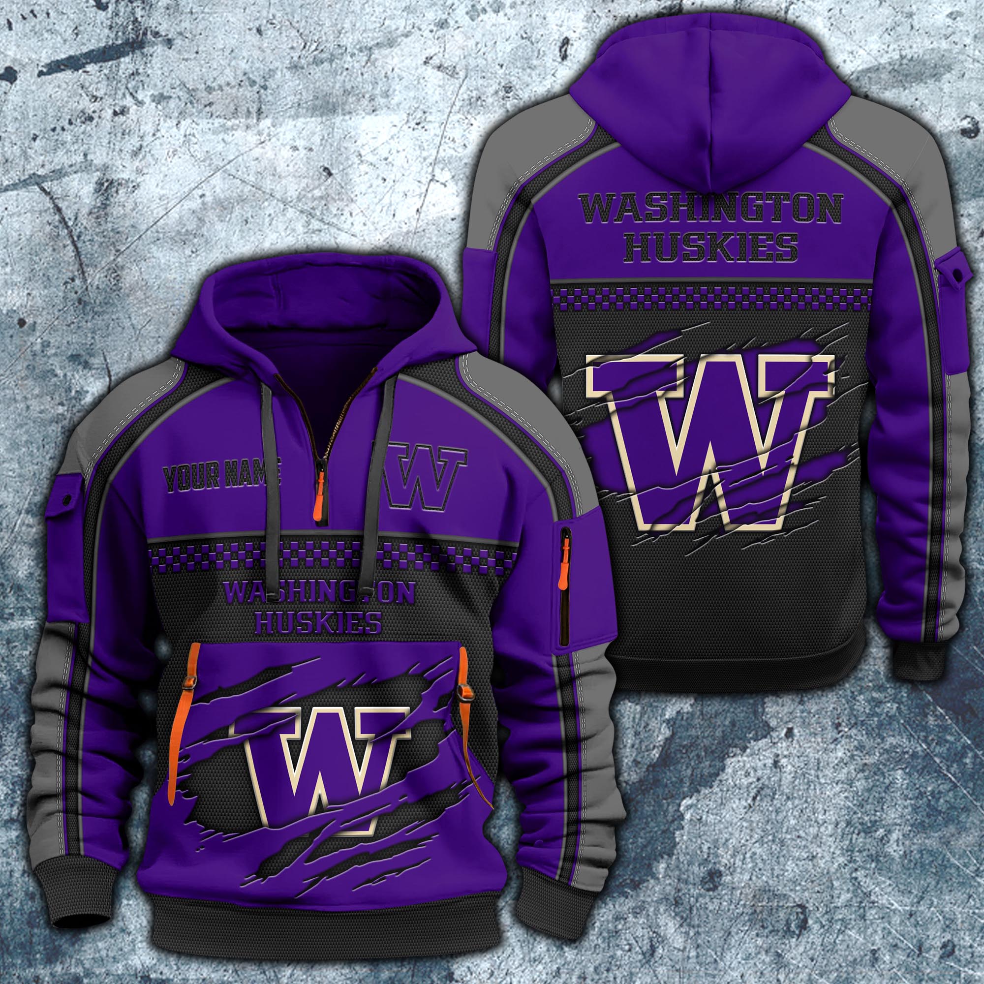 Washington Huskies Hoodie Half Zipper Custom Your Name,  Sports 3D Half-zip Hoodie EHIVM-07092718