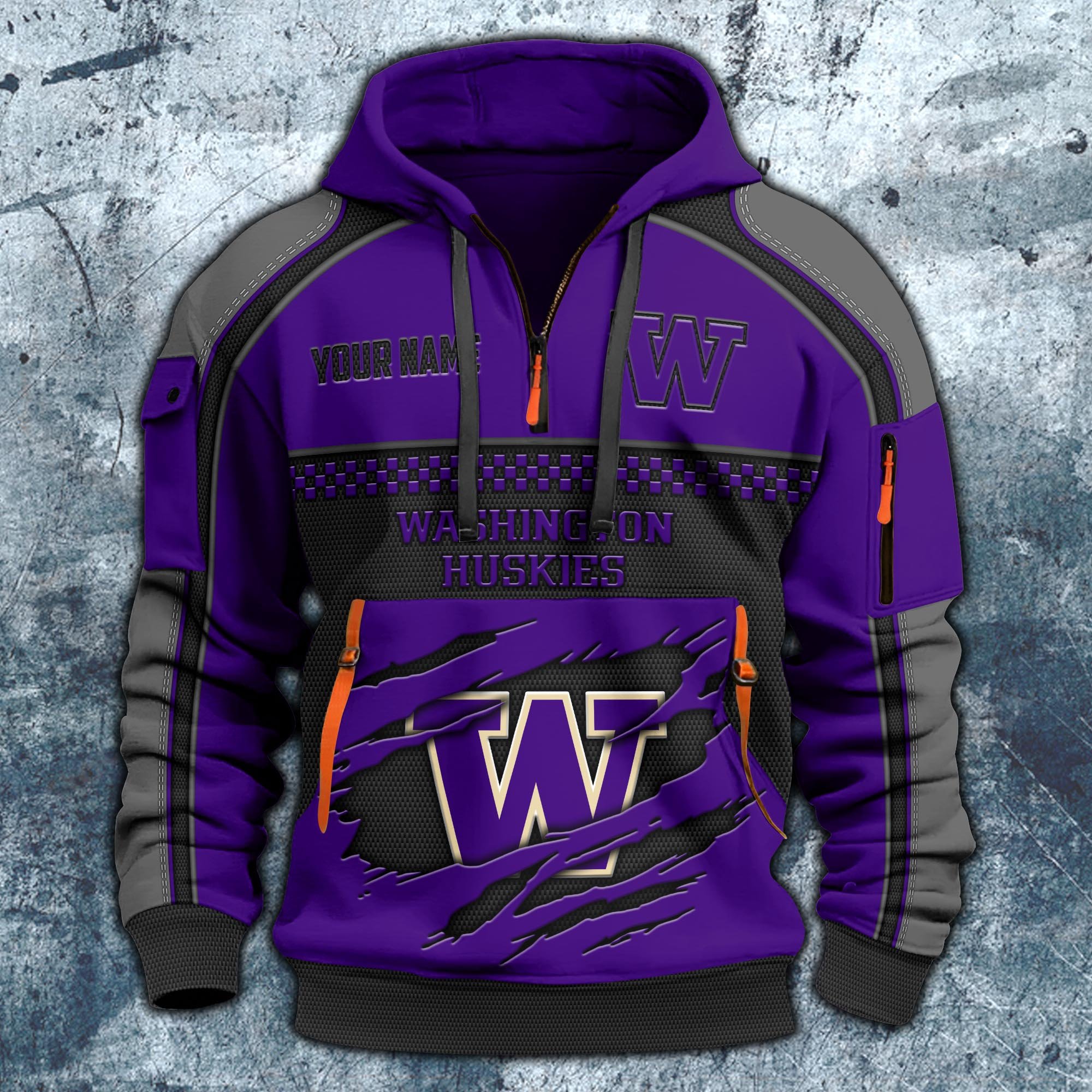 Alternative view of Washington Huskies Hoodie Half Zipper Custom Your Name,  Sports 3D Half-zip Hoodie EHIVM-07092718