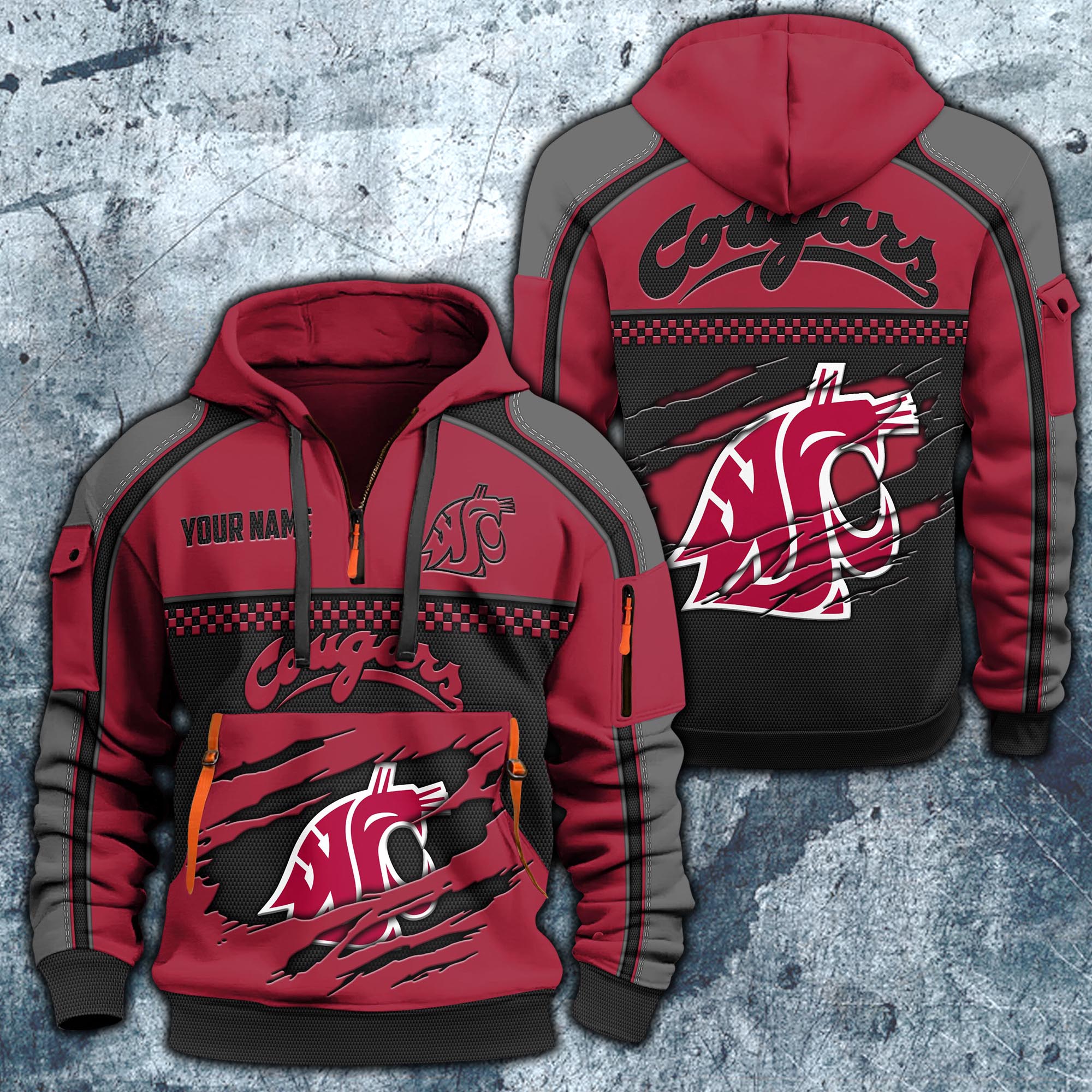 Washington State Cougars Hoodie Half Zipper Custom Your Name,  Sports 3D Half-zip Hoodie EHIVM-07092718
