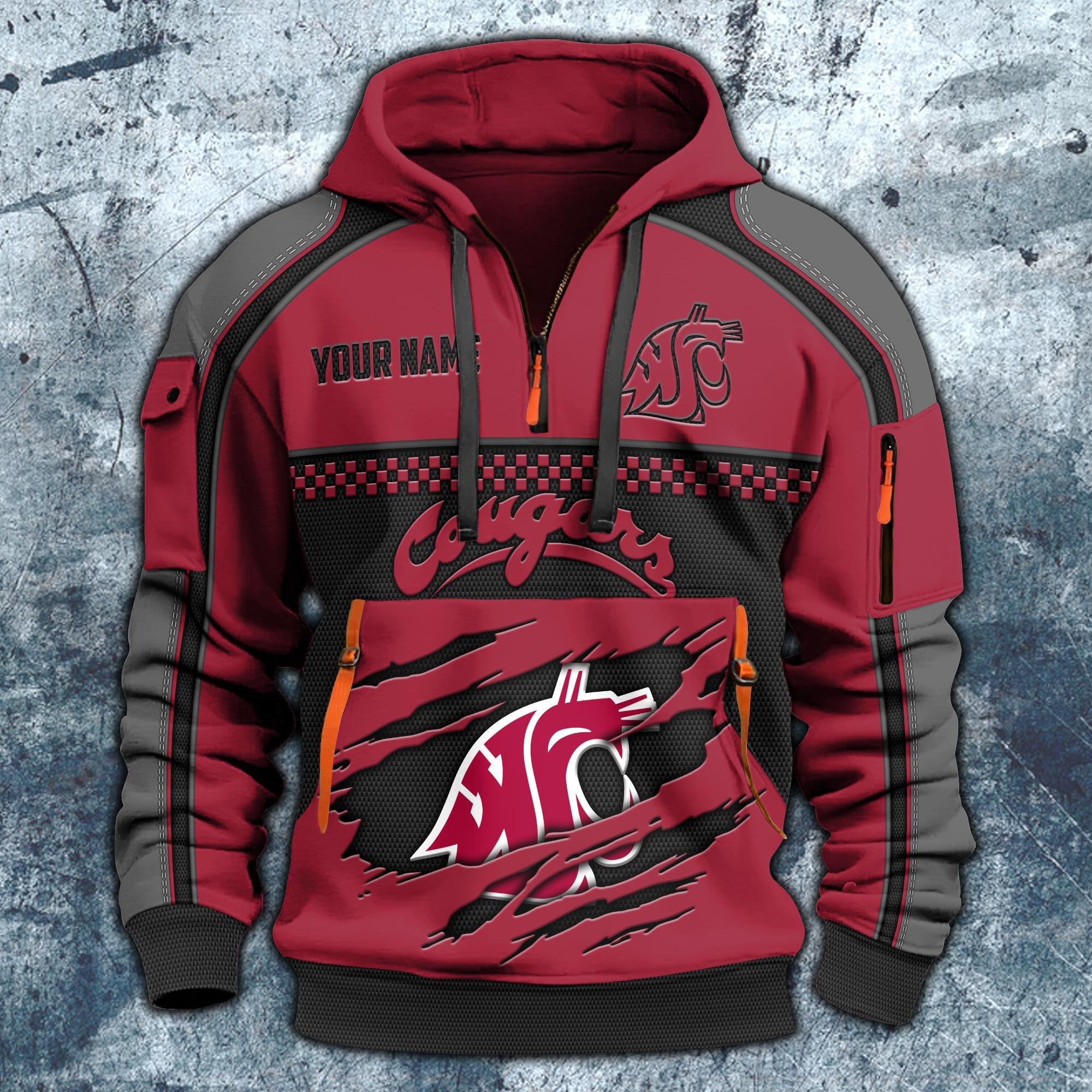 Alternative view of Washington State Cougars Hoodie Half Zipper Custom Your Name,  Sports 3D Half-zip Hoodie EHIVM-07092718