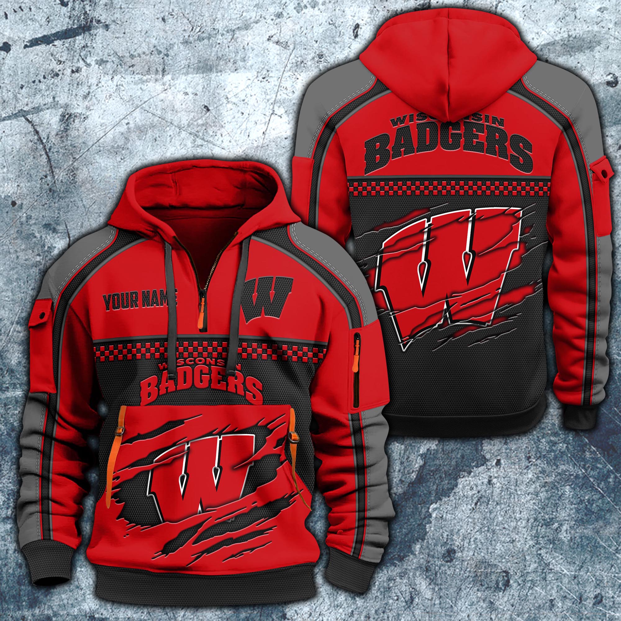 Wisconsin Badgers Hoodie Half Zipper Custom Your Name,  Sports 3D Half-zip Hoodie EHIVM-07092718