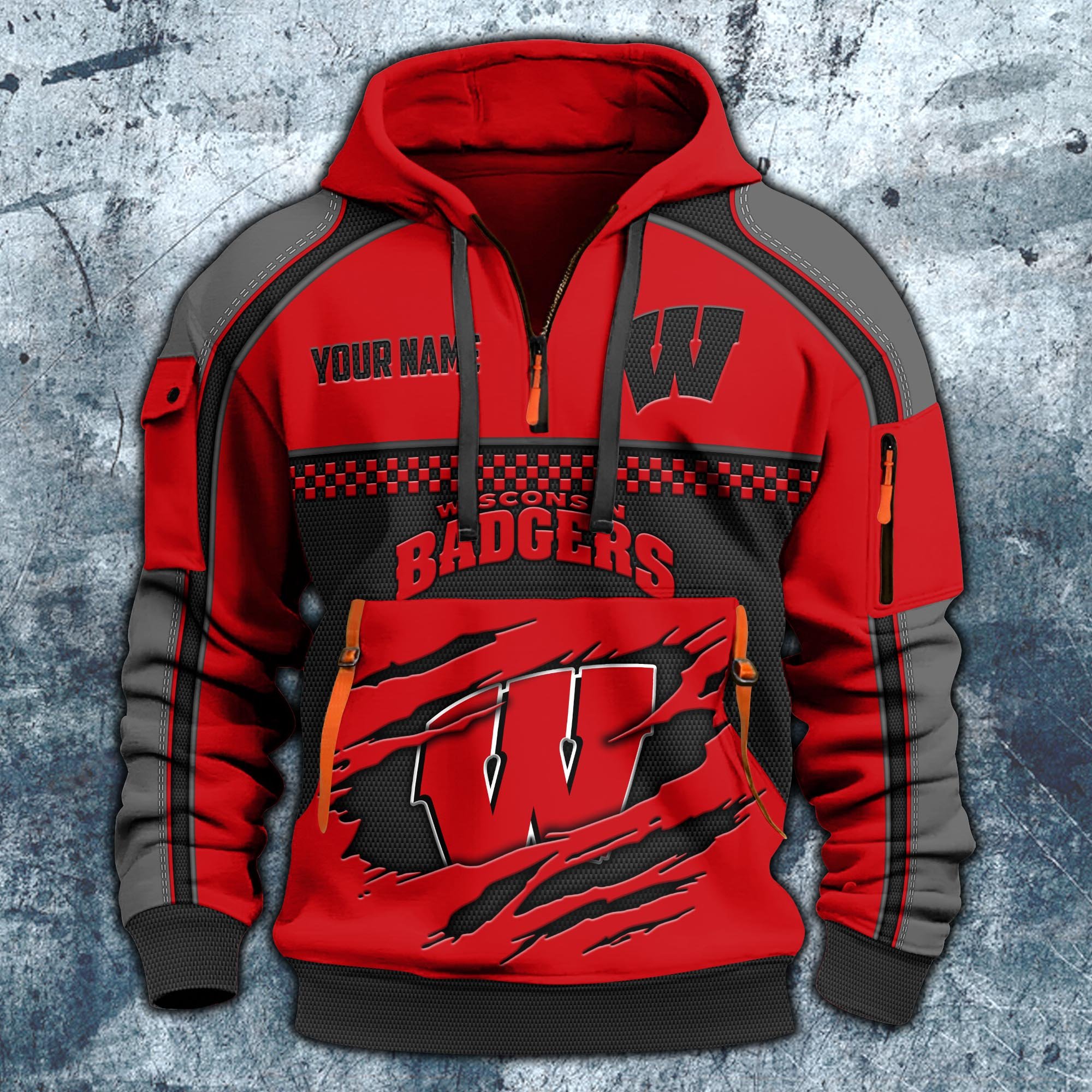 Alternative view of Wisconsin Badgers Hoodie Half Zipper Custom Your Name,  Sports 3D Half-zip Hoodie EHIVM-07092718