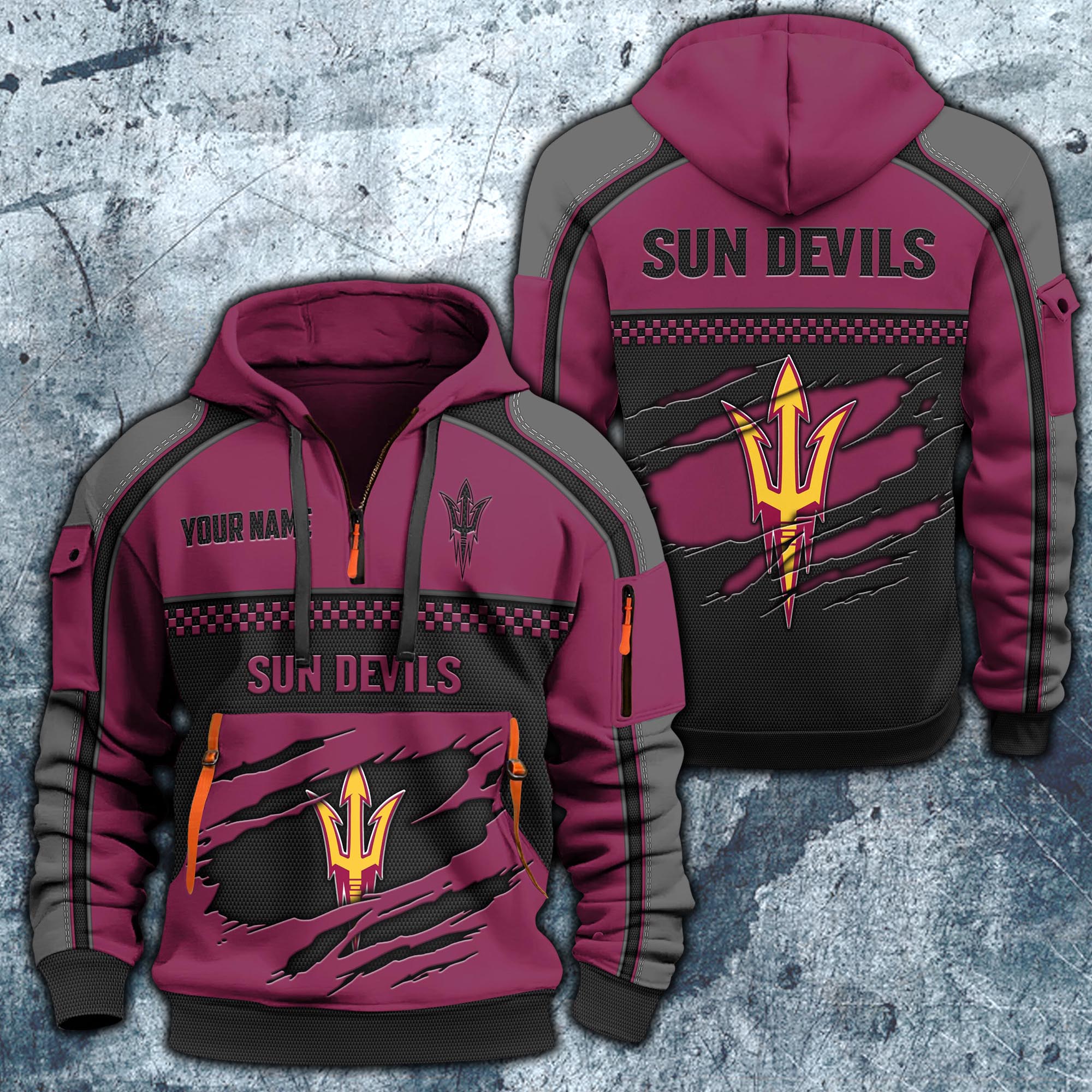 Arizona State Sun Devils Hoodie Half Zipper Custom Your Name,  Sports 3D Half-zip Hoodie EHIVM-07092718