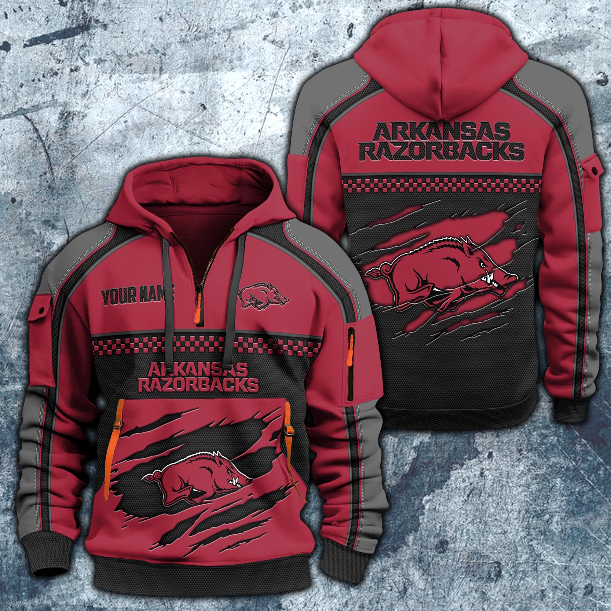 Arkansas Razorbacks Hoodie Half Zipper Custom Your Name,  Sports 3D Half-zip Hoodie EHIVM-07092718