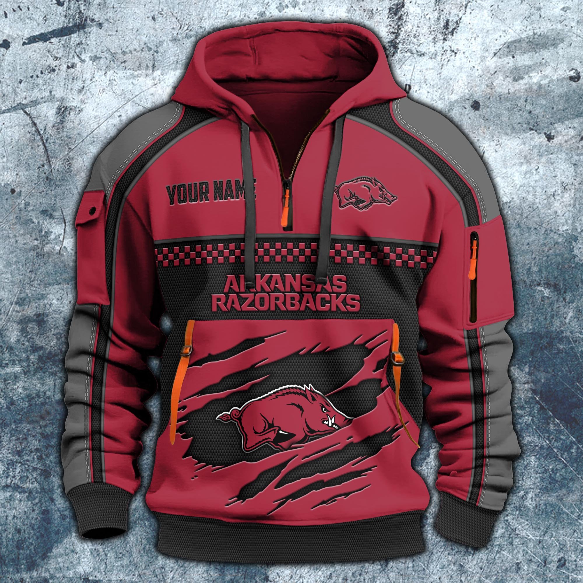 Alternative view of Arkansas Razorbacks Hoodie Half Zipper Custom Your Name,  Sports 3D Half-zip Hoodie EHIVM-07092718
