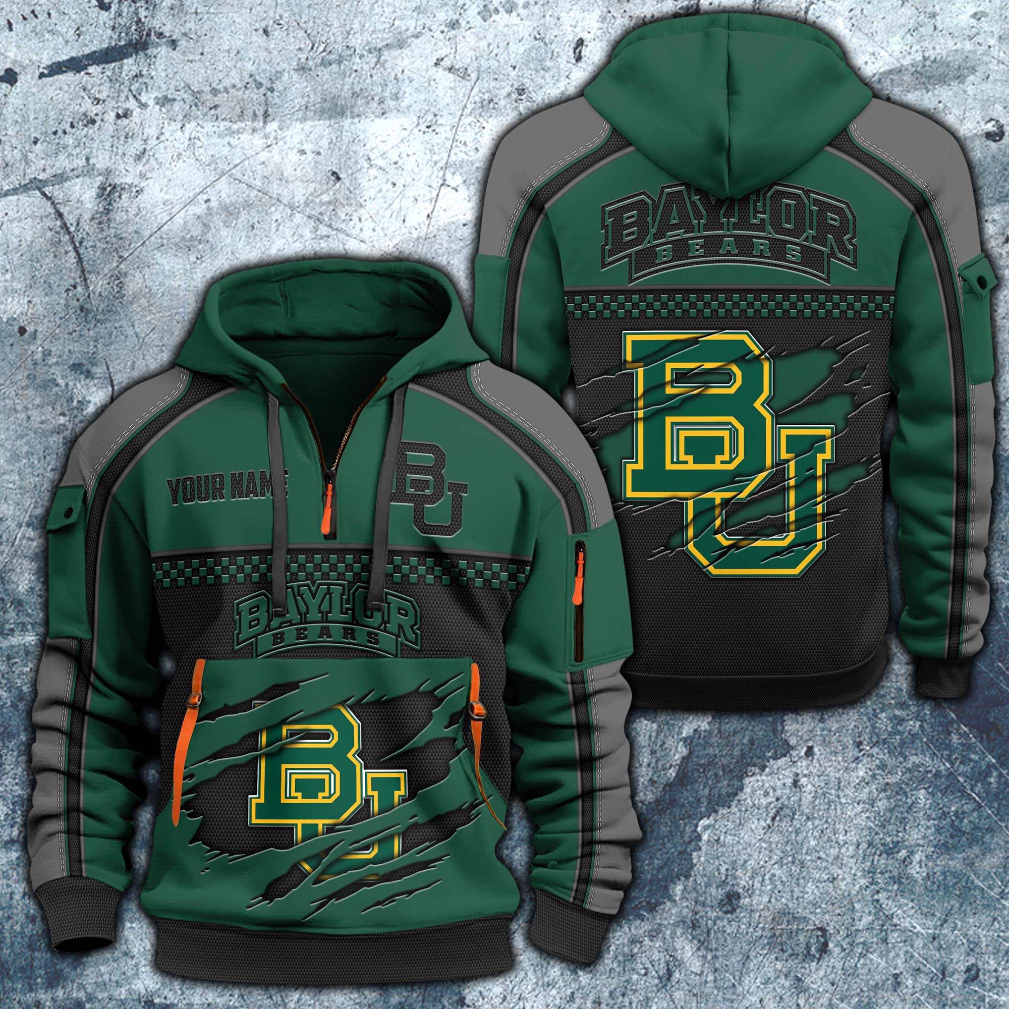Baylor Bears Hoodie Half Zipper Custom Your Name,  Sports 3D Half-zip Hoodie EHIVM-07092718
