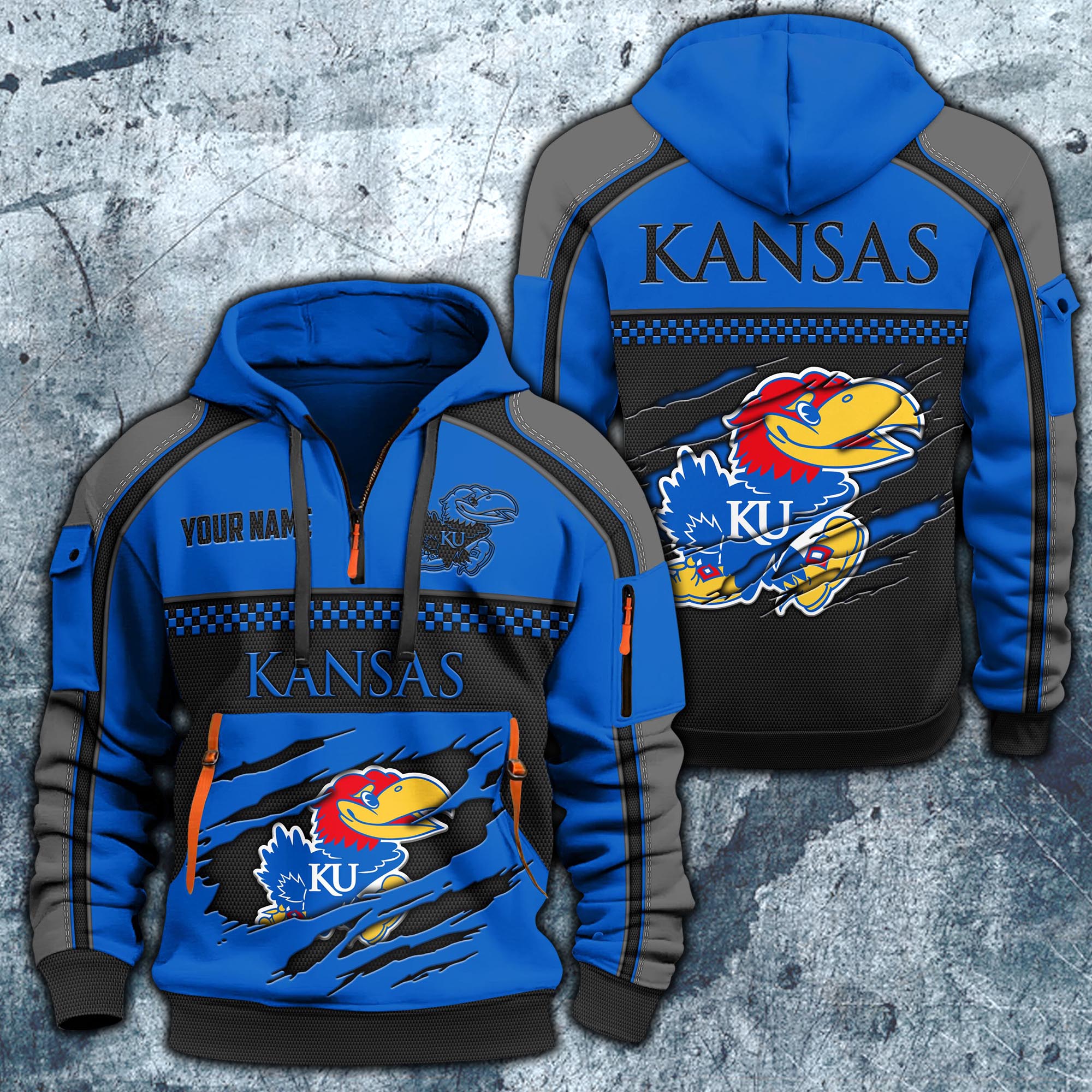 Kansas Jayhawks Hoodie Half Zipper Custom Your Name,  Sports 3D Half-zip Hoodie EHIVM-07092718
