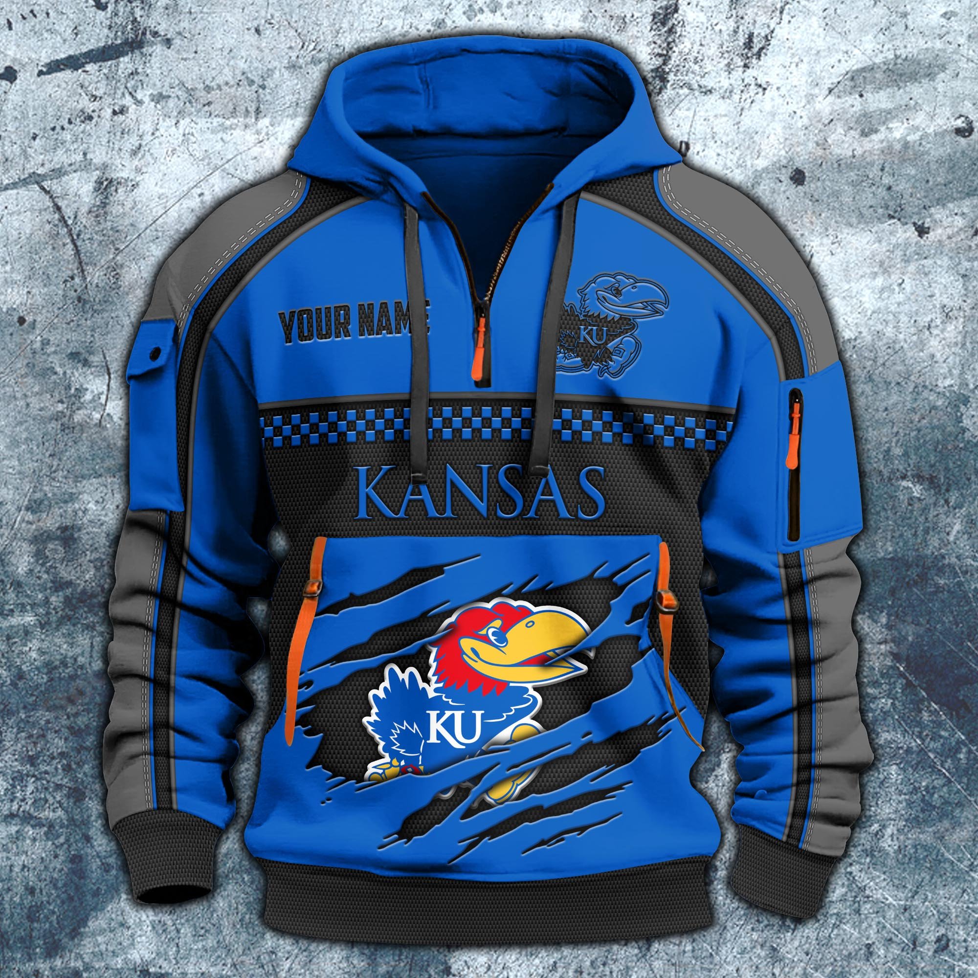 Alternative view of Kansas Jayhawks Hoodie Half Zipper Custom Your Name,  Sports 3D Half-zip Hoodie EHIVM-07092718