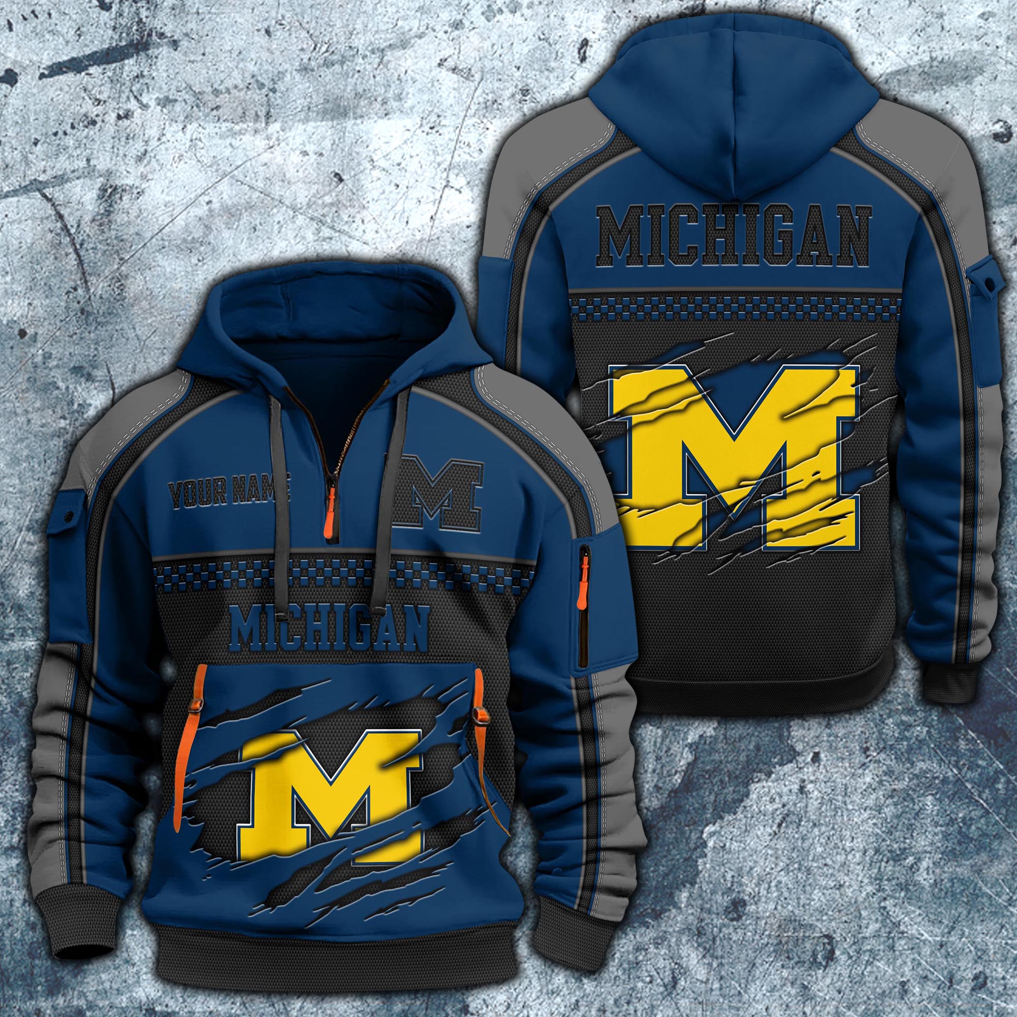 Michigan Wolverines Hoodie Half Zipper Custom Your Name,  Sports 3D Half-zip Hoodie EHIVM-07092718