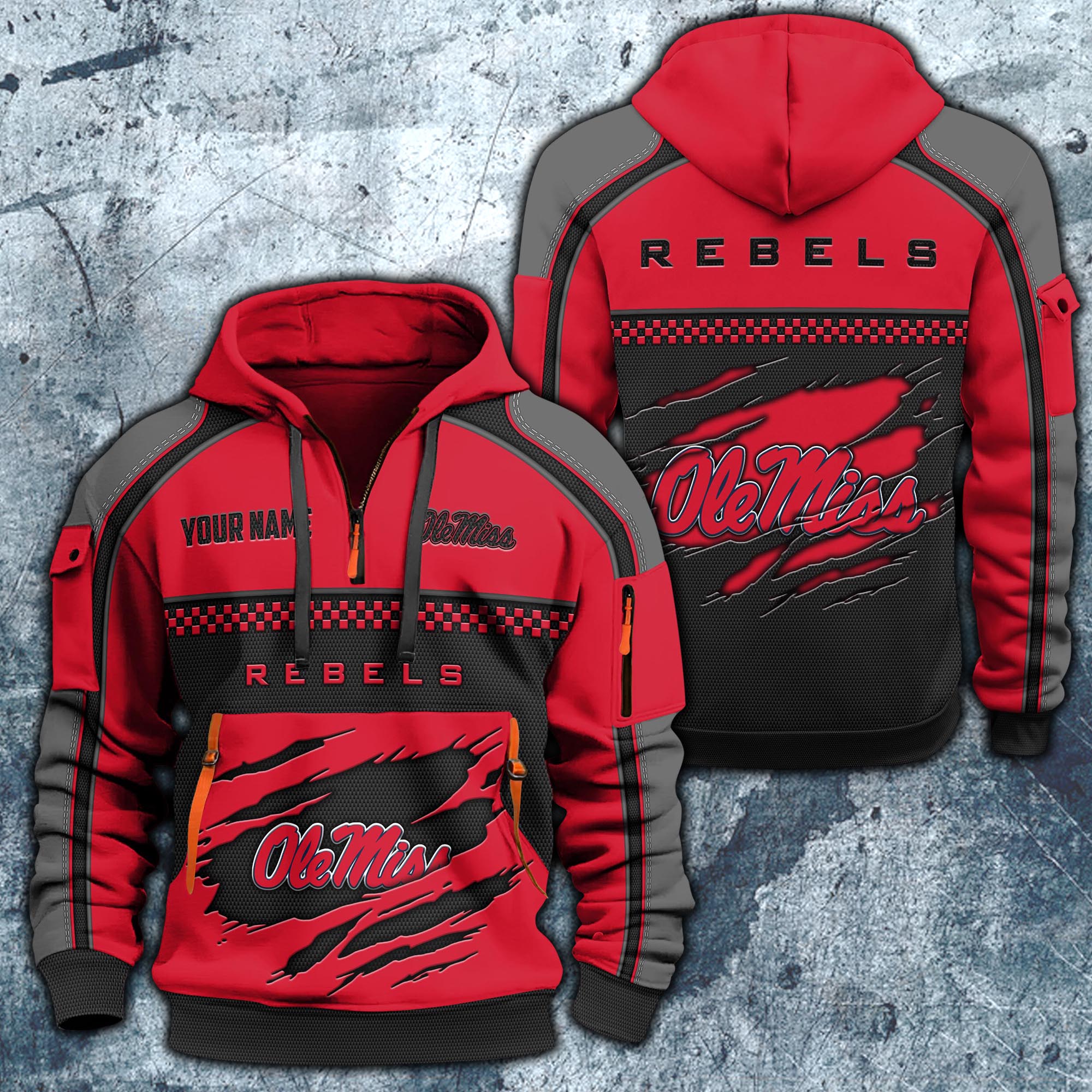 Ole Miss Rebels Hoodie Half Zipper Custom Your Name,  Sports 3D Half-zip Hoodie EHIVM-07092718