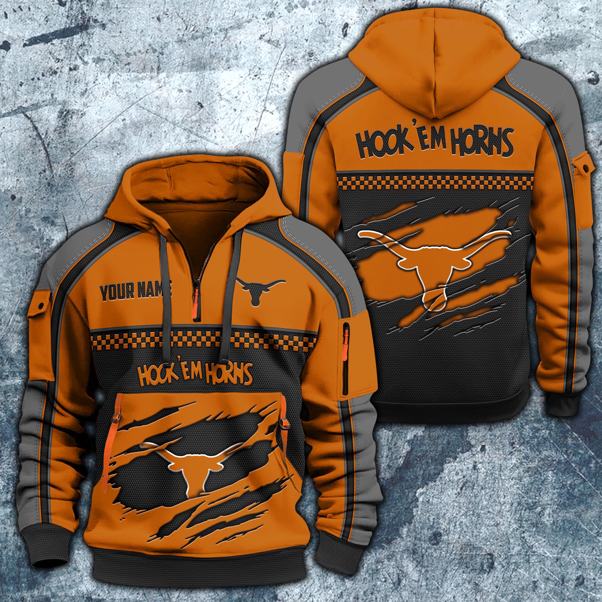 Texas Longhorns Hoodie Half Zipper Custom Your Name,  Sports 3D Half-zip Hoodie EHIVM-07092718