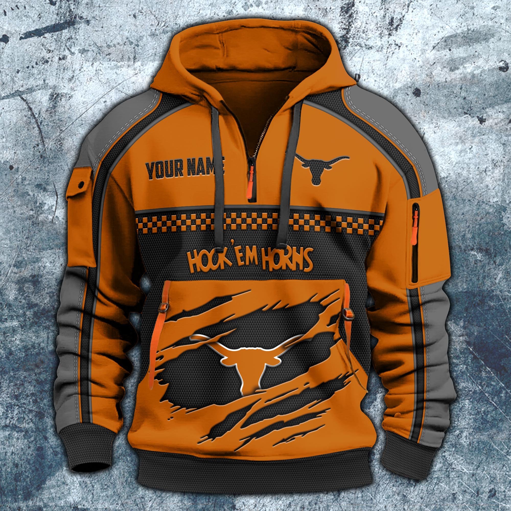 Alternative view of Texas Longhorns Hoodie Half Zipper Custom Your Name,  Sports 3D Half-zip Hoodie EHIVM-07092718