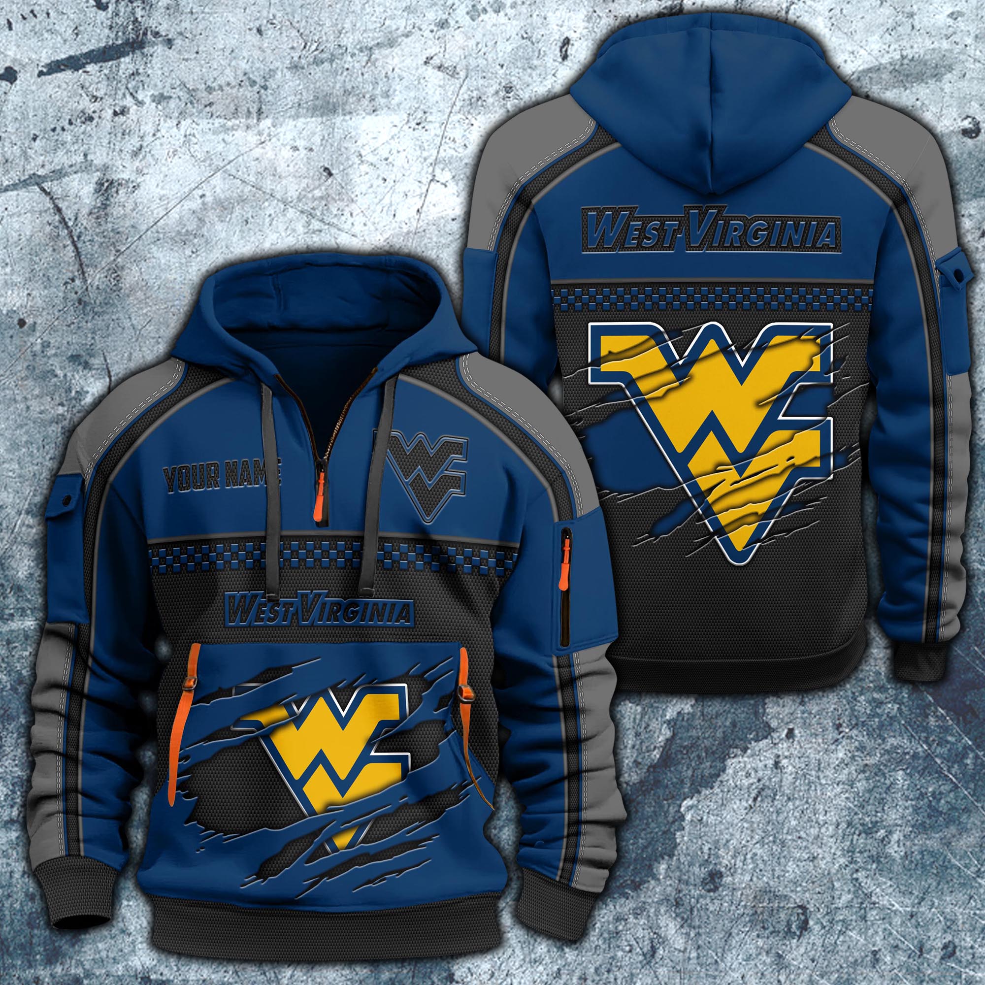 West Virginia Mountaineers Hoodie Half Zipper Custom Your Name,  Sports 3D Half-zip Hoodie EHIVM-07092718