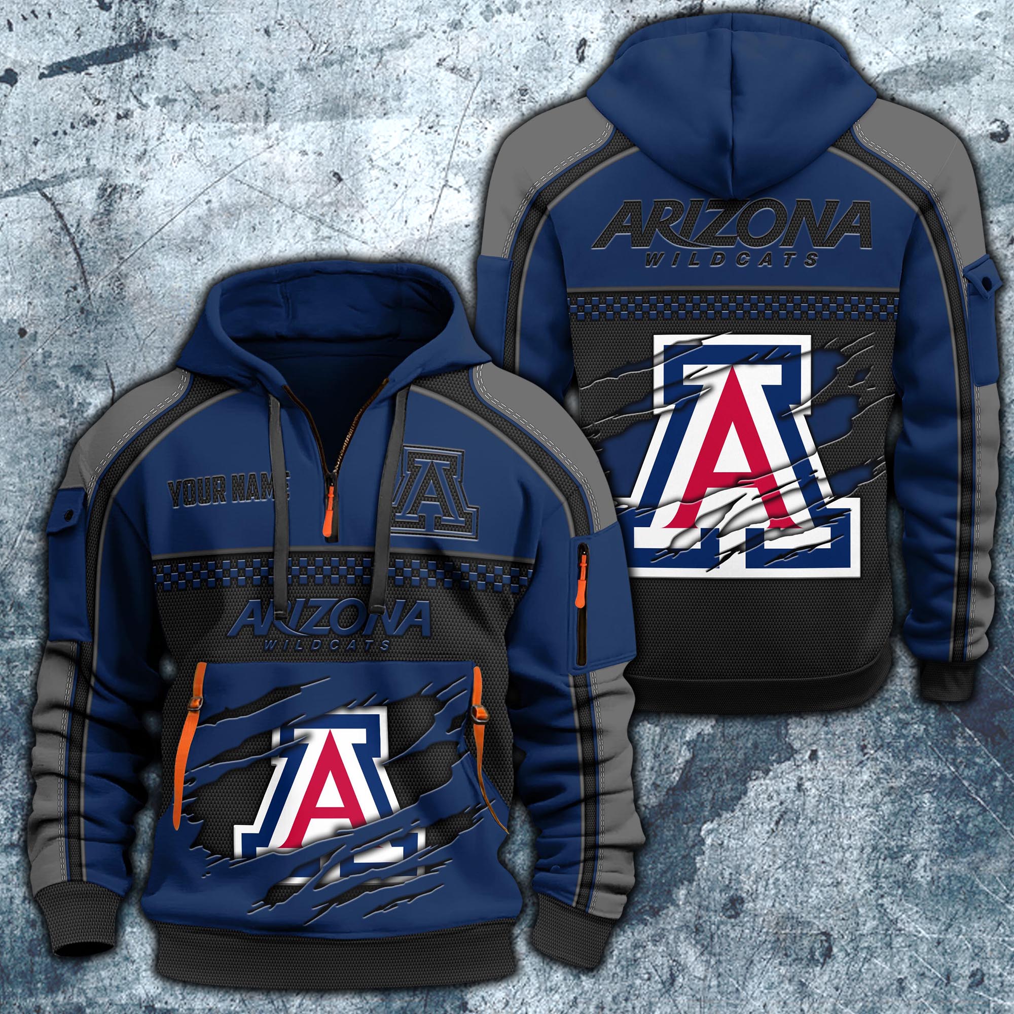 Arizona Wildcats Hoodie Half Zipper Custom Your Name,  Sports 3D Half-zip Hoodie EHIVM-07092718