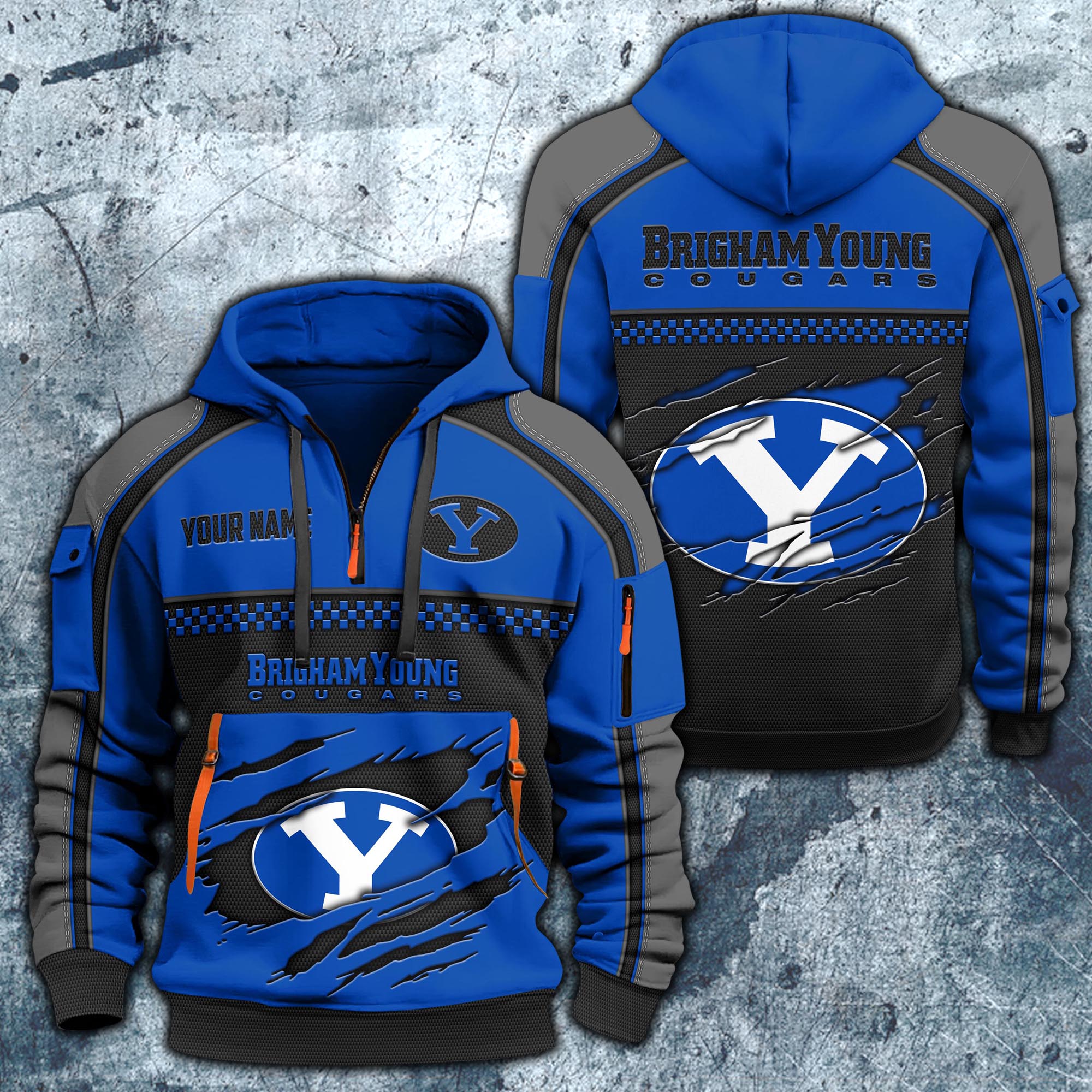 BYU Cougars Hoodie Half Zipper Custom Your Name,  Sports 3D Half-zip Hoodie EHIVM-07092718