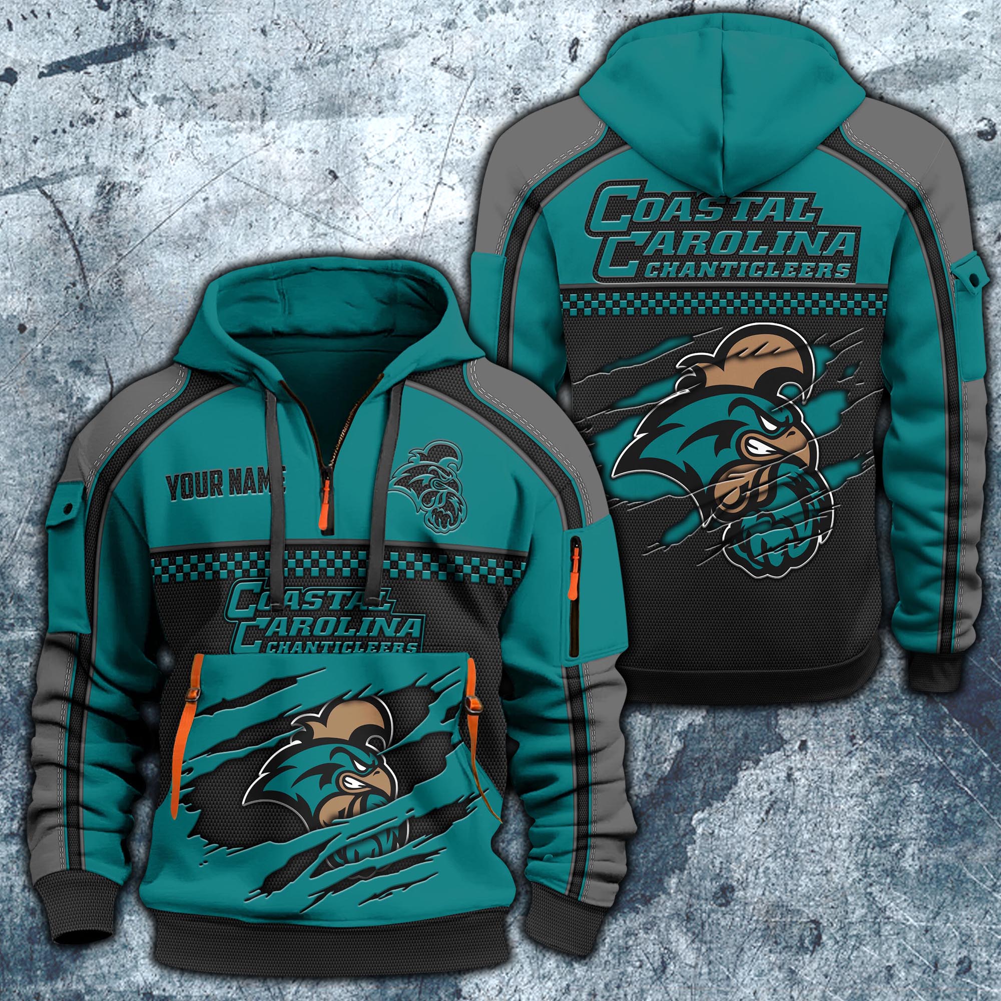 Coastal Carolina Chanticleers Hoodie Half Zipper Custom Your Name,  Sports 3D Half-zip Hoodie EHIVM-07092718