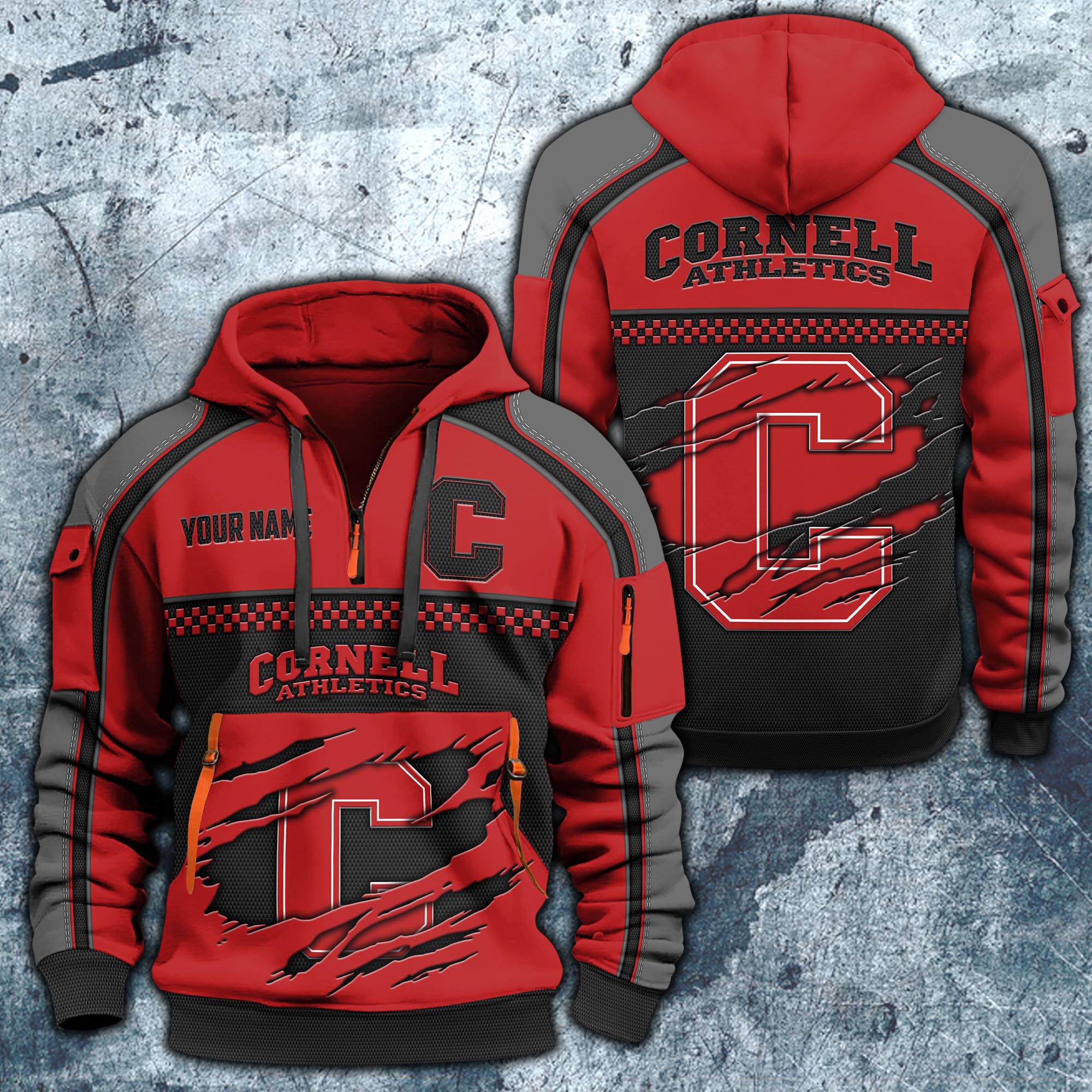 Cornell Big Red Hoodie Half Zipper Custom Your Name,  Sports 3D Half-zip Hoodie EHIVM-07092718