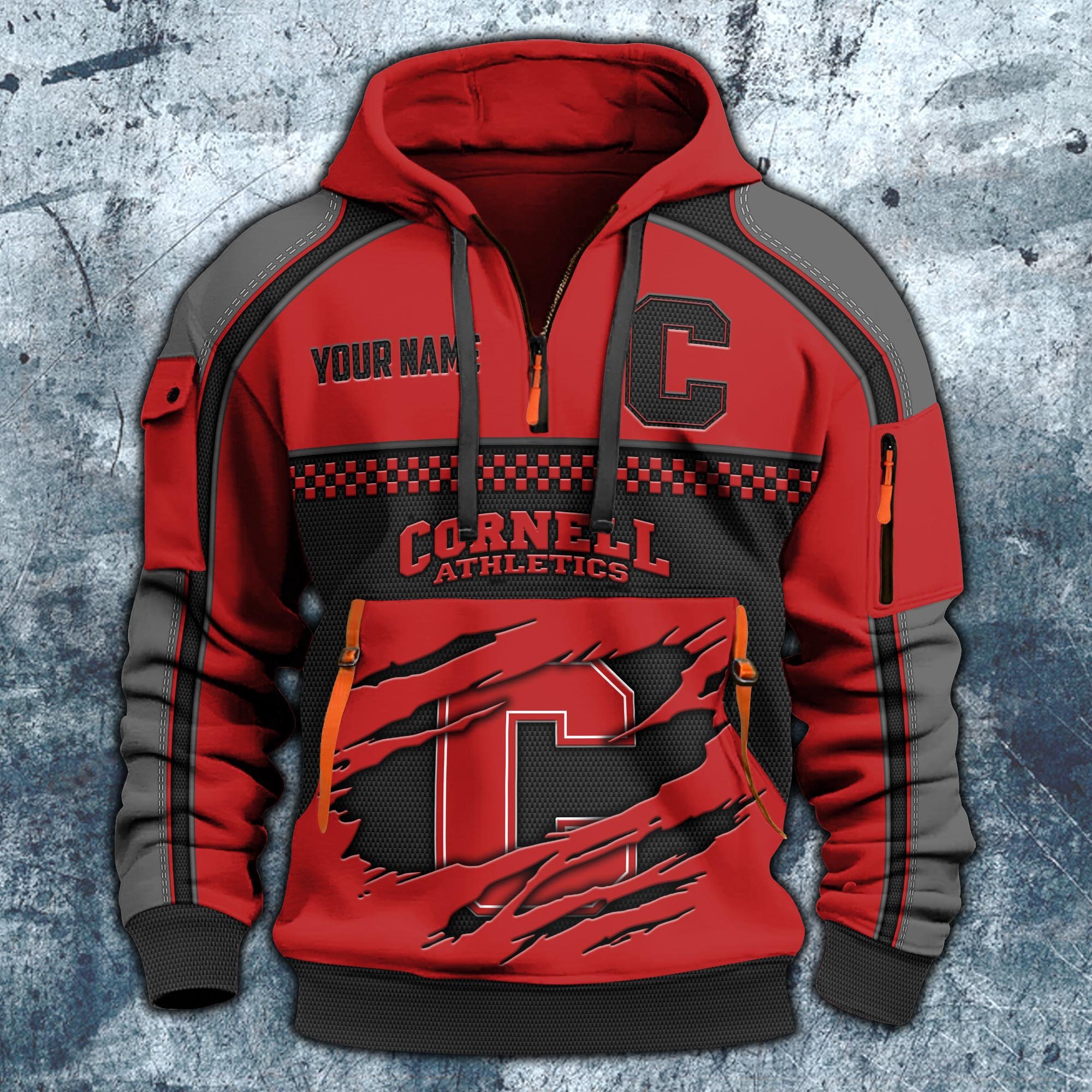 Alternative view of Cornell Big Red Hoodie Half Zipper Custom Your Name,  Sports 3D Half-zip Hoodie EHIVM-07092718
