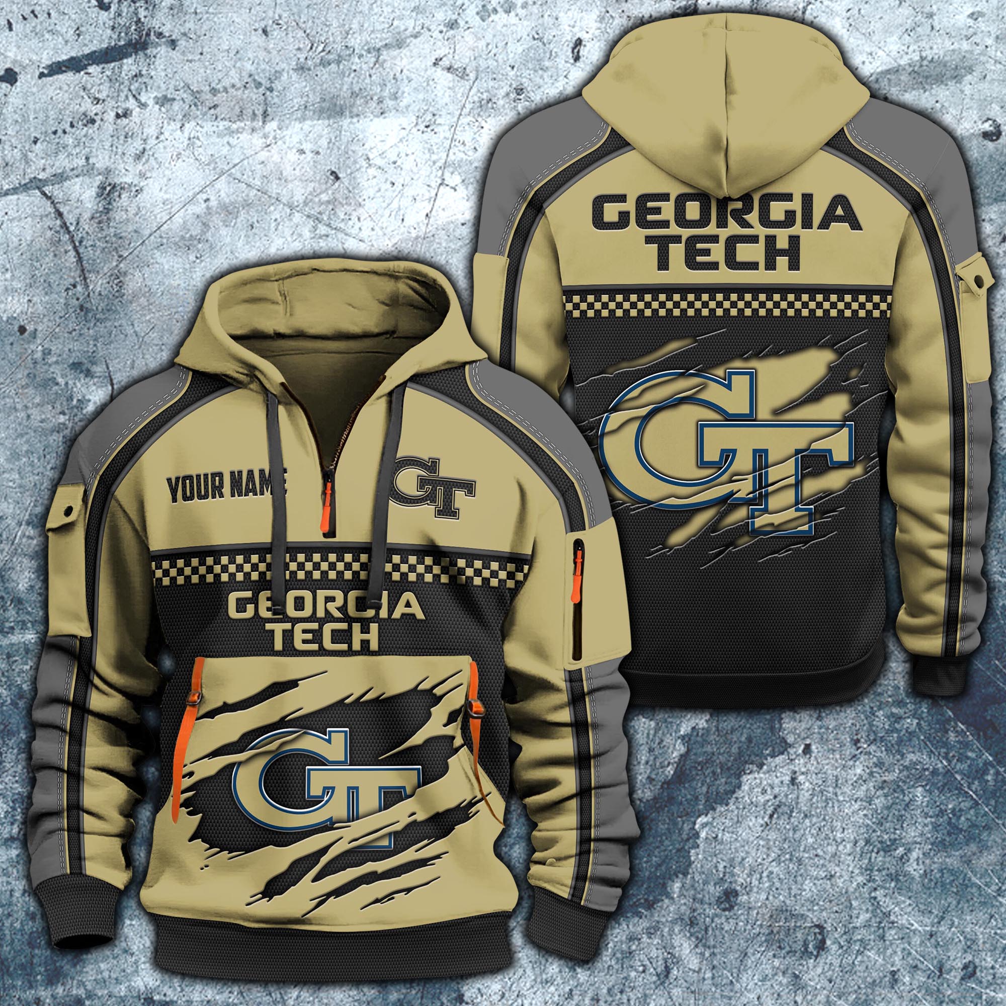 Georgia Tech Yellow Jackets Hoodie Half Zipper Custom Your Name,  Sports 3D Half-zip Hoodie EHIVM-07092718