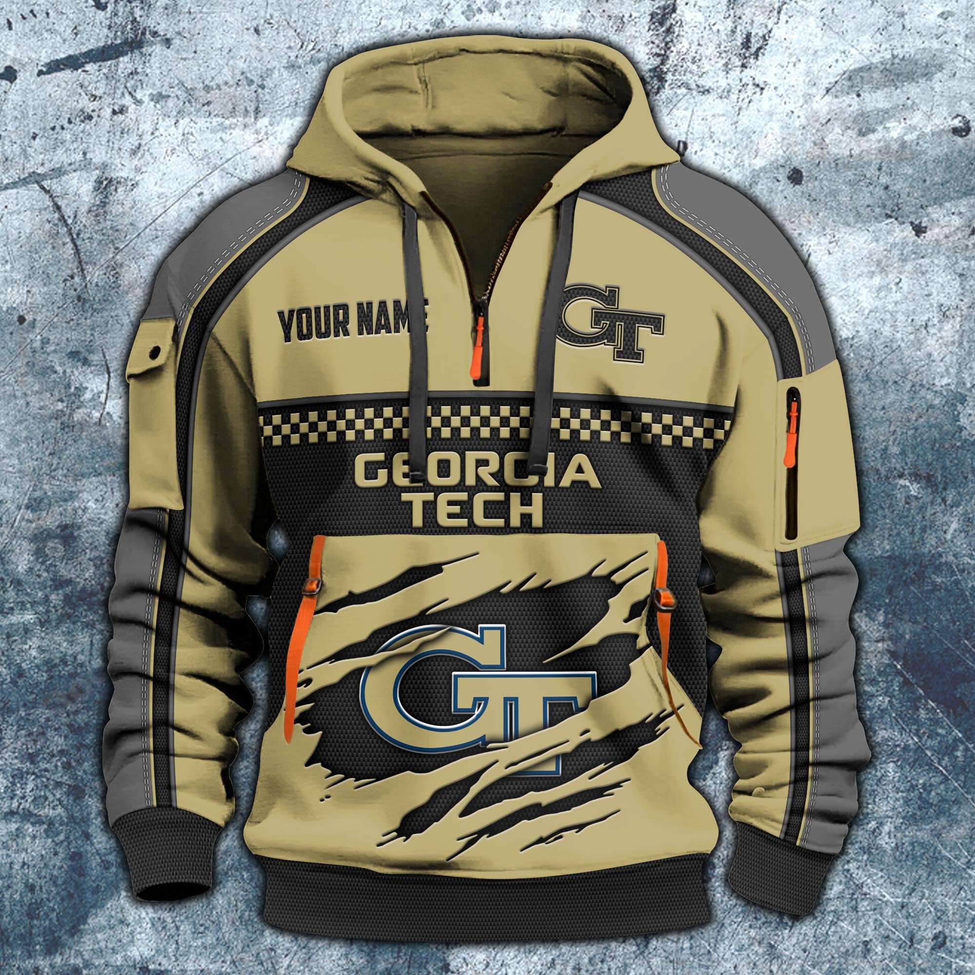 Alternative view of Georgia Tech Yellow Jackets Hoodie Half Zipper Custom Your Name,  Sports 3D Half-zip Hoodie EHIVM-07092718
