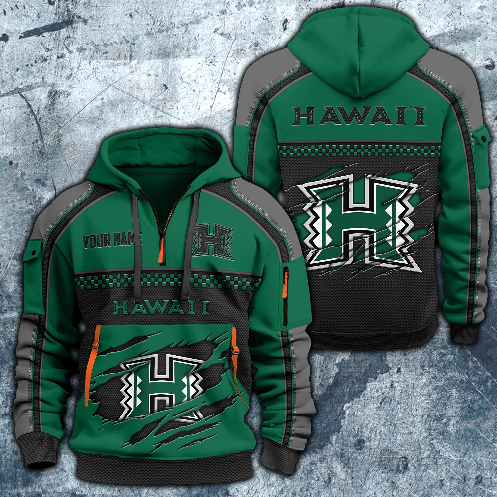 Hawaii Rainbow Warriors Hoodie Half Zipper Custom Your Name,  Sports 3D Half-zip Hoodie EHIVM-07092718