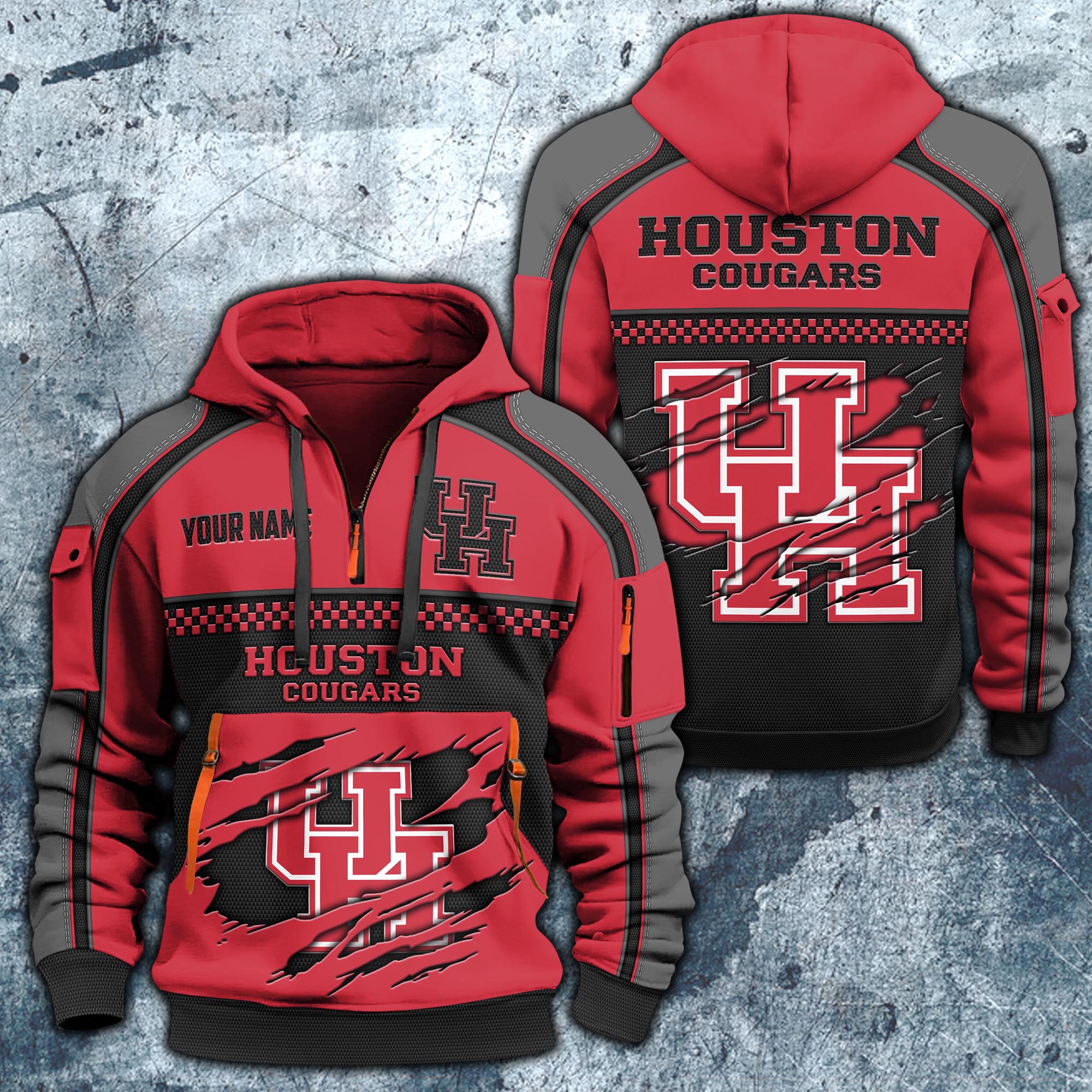 Houston Cougars Hoodie Half Zipper Custom Your Name,  Sports 3D Half-zip Hoodie EHIVM-07092718