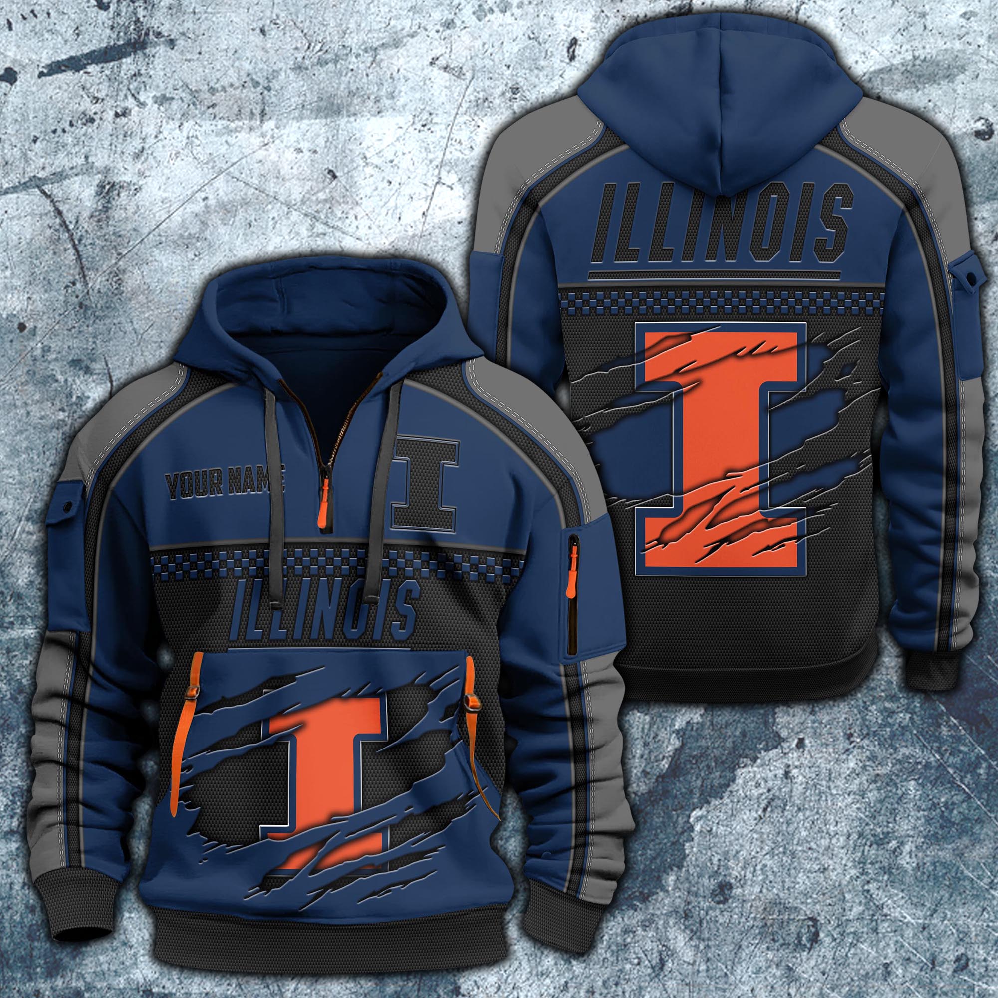 Illinois Fighting Illini Hoodie Half Zipper Custom Your Name,  Sports 3D Half-zip Hoodie EHIVM-07092718