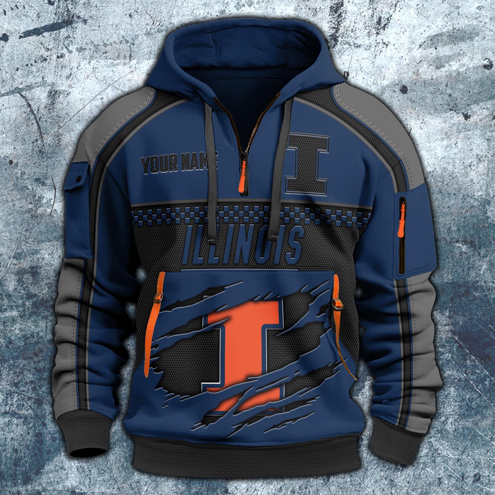 Alternative view of Illinois Fighting Illini Hoodie Half Zipper Custom Your Name,  Sports 3D Half-zip Hoodie EHIVM-07092718