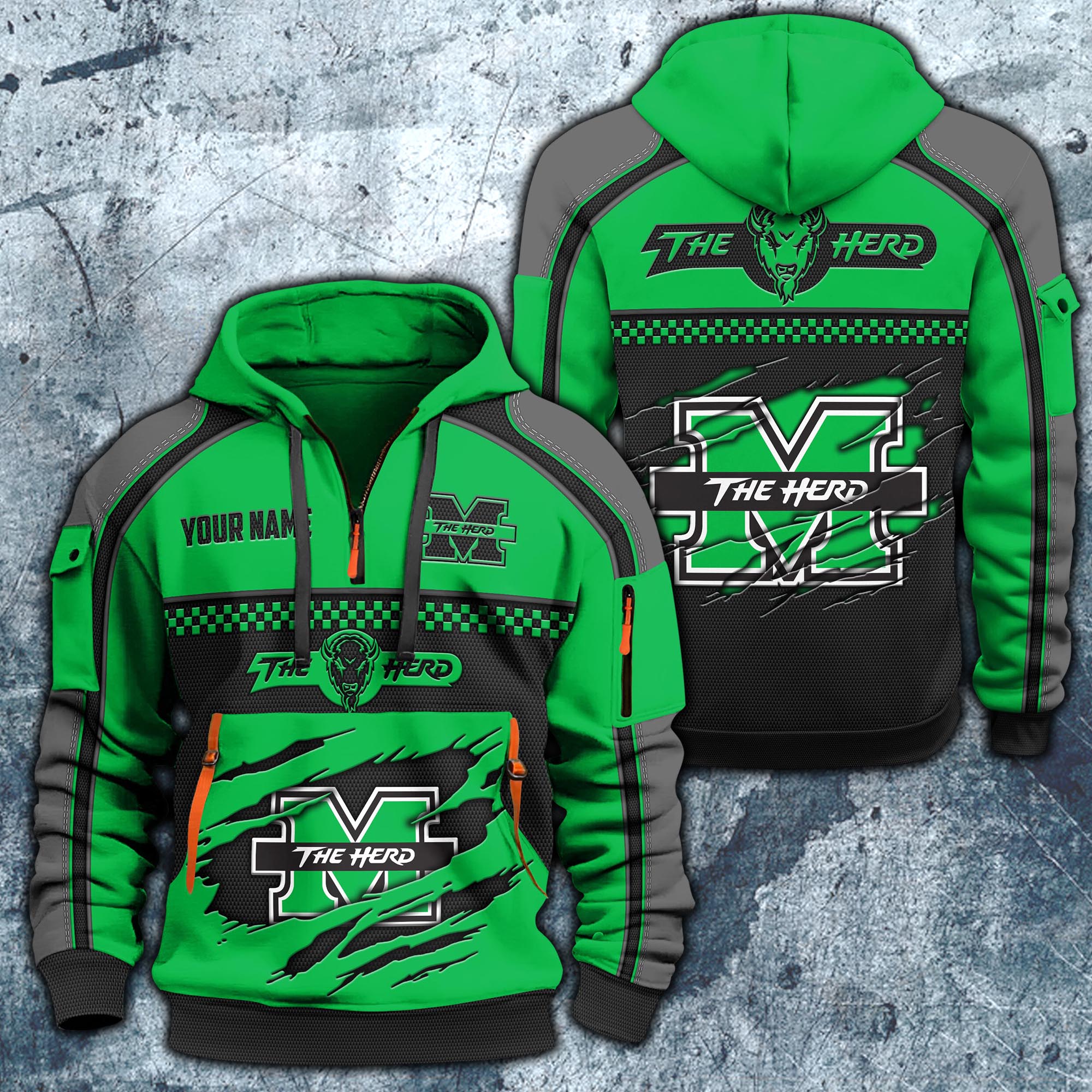 Marshall Thundering Herd Hoodie Half Zipper Custom Your Name,  Sports 3D Half-zip Hoodie EHIVM-07092718