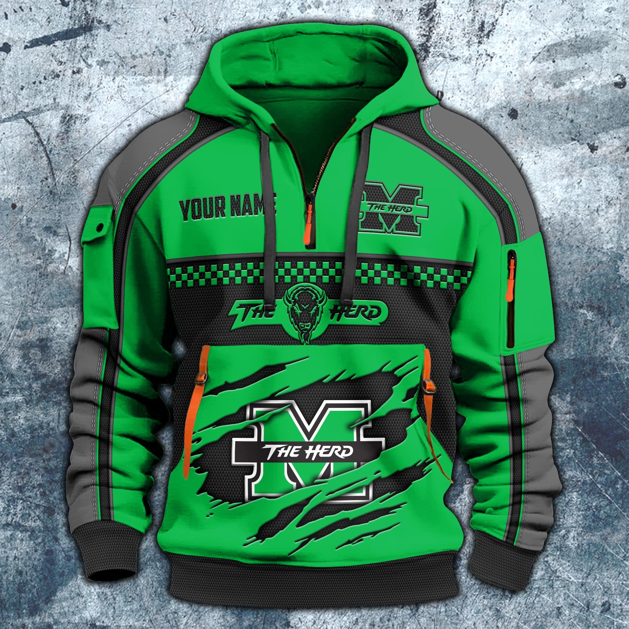 Alternative view of Marshall Thundering Herd Hoodie Half Zipper Custom Your Name,  Sports 3D Half-zip Hoodie EHIVM-07092718