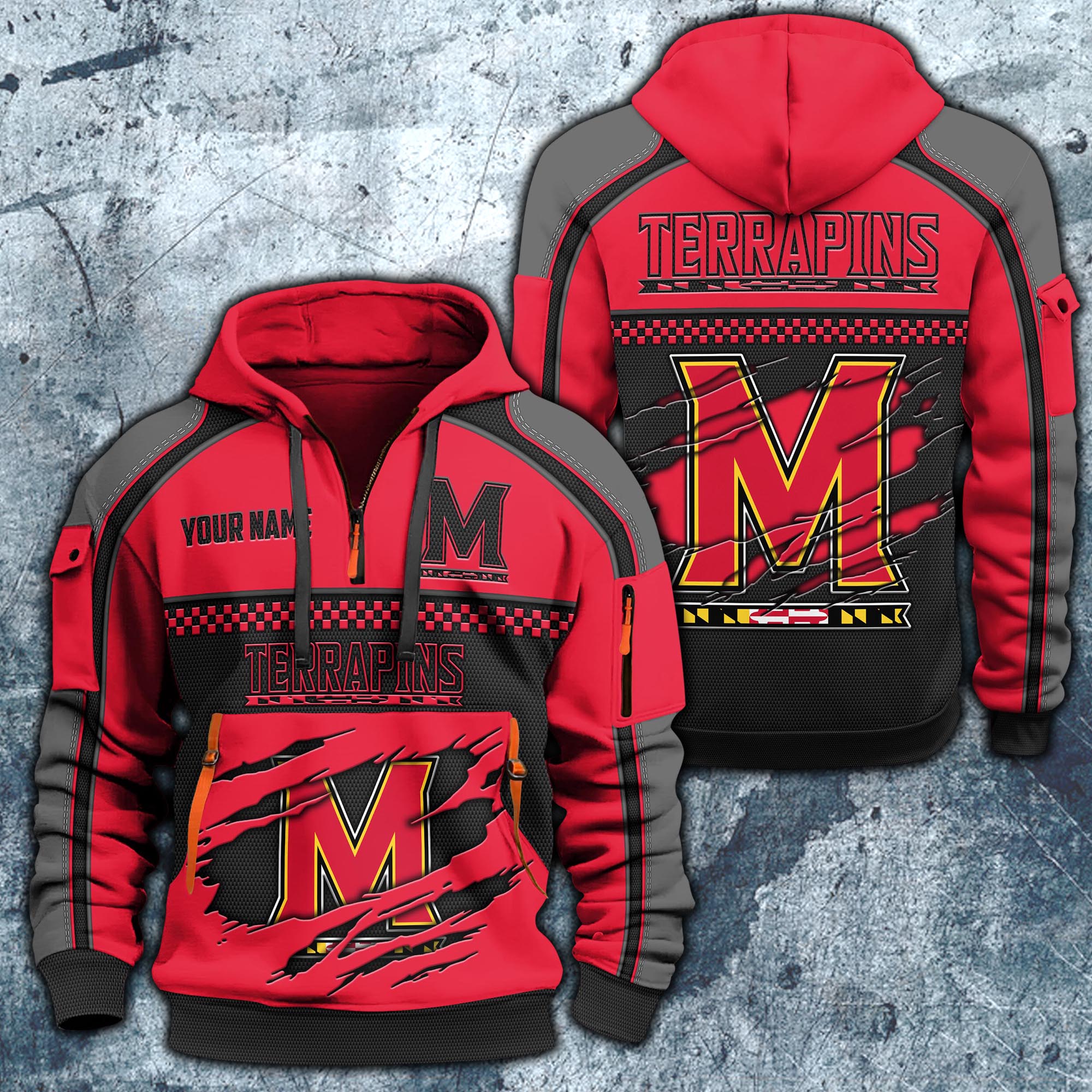 Maryland Terrapins Hoodie Half Zipper Custom Your Name,  Sports 3D Half-zip Hoodie EHIVM-07092718