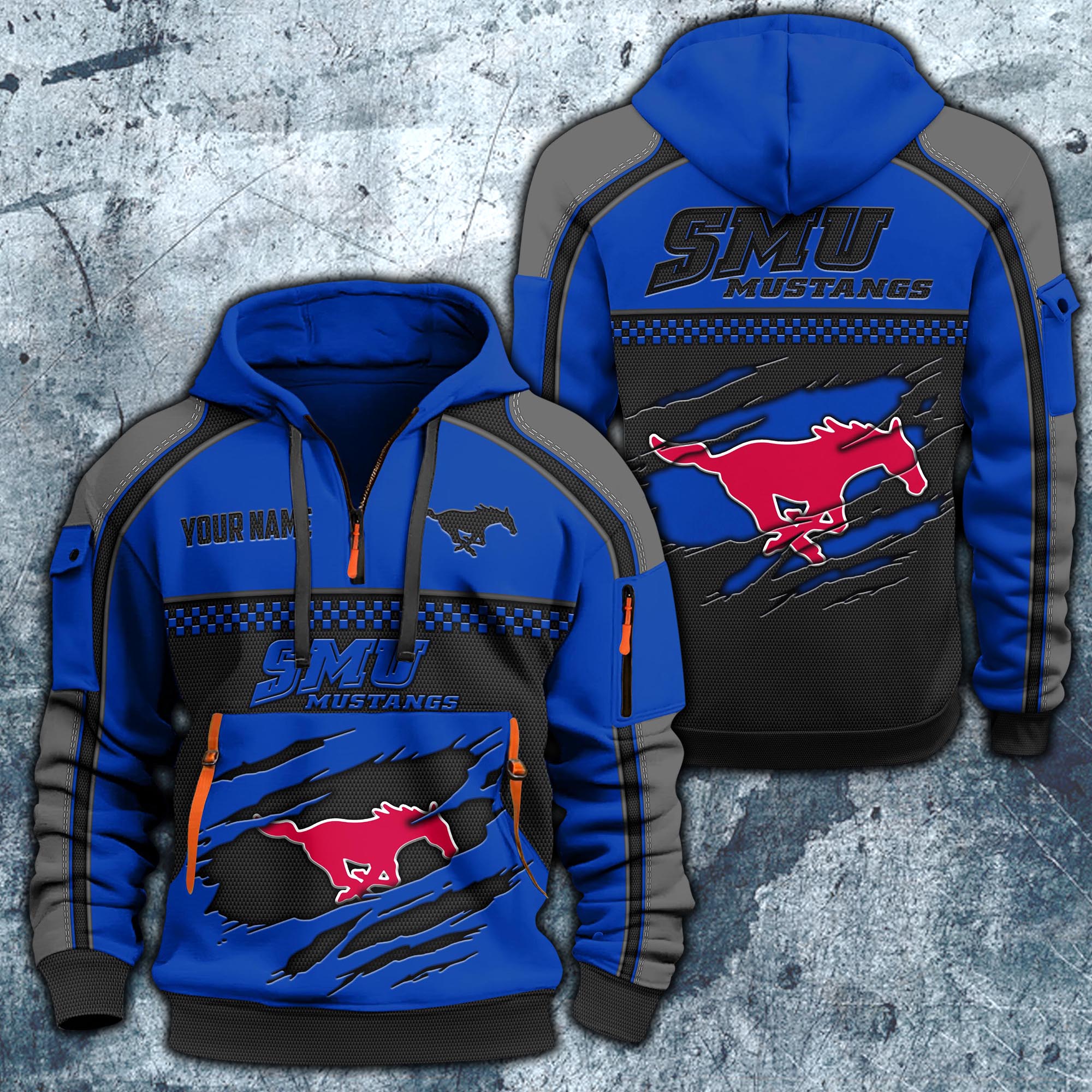 SMU Mustangs Hoodie Half Zipper Custom Your Name,  Sports 3D Half-zip Hoodie EHIVM-07092718