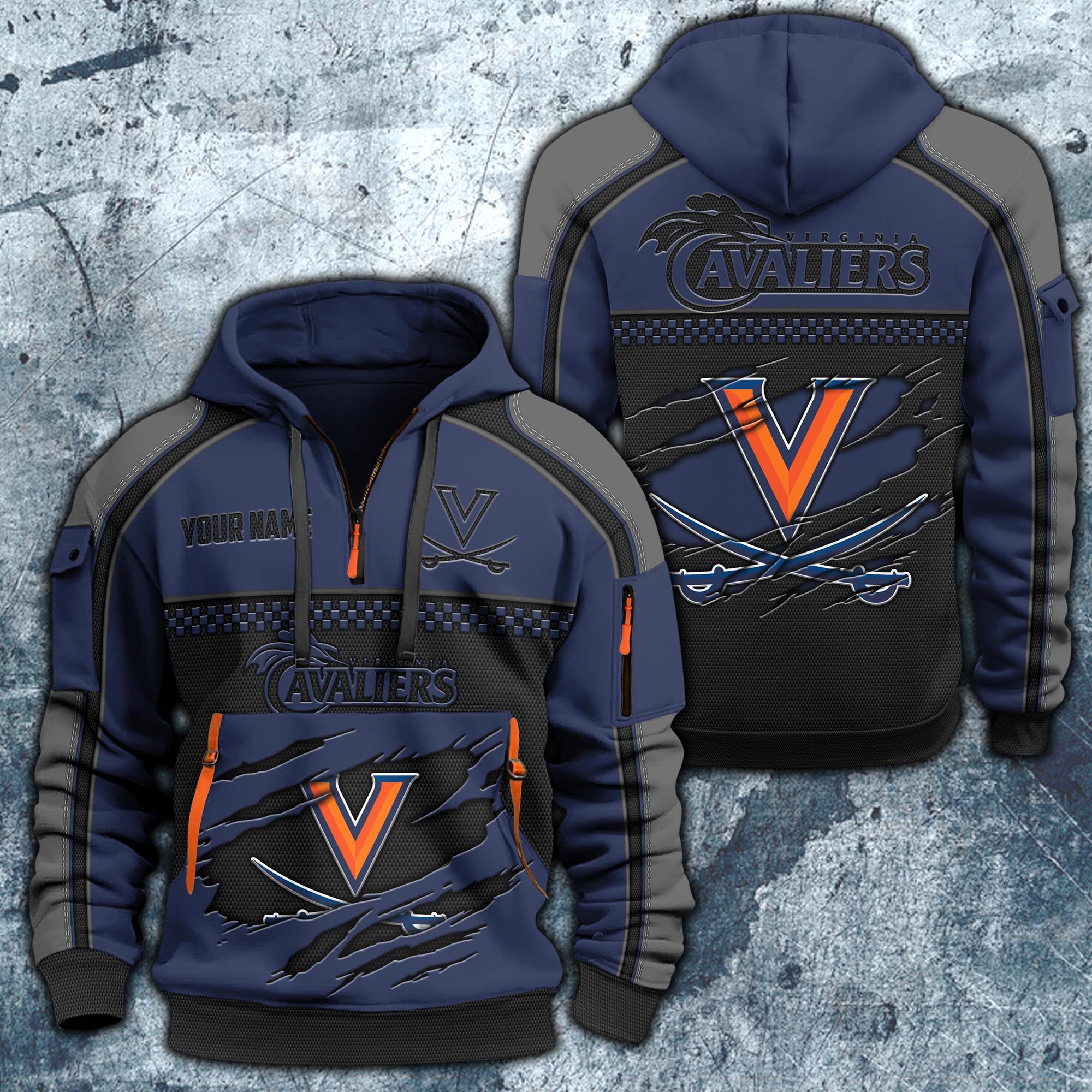 Virginia Cavaliers Hoodie Half Zipper Custom Your Name,  Sports 3D Half-zip Hoodie EHIVM-07092718