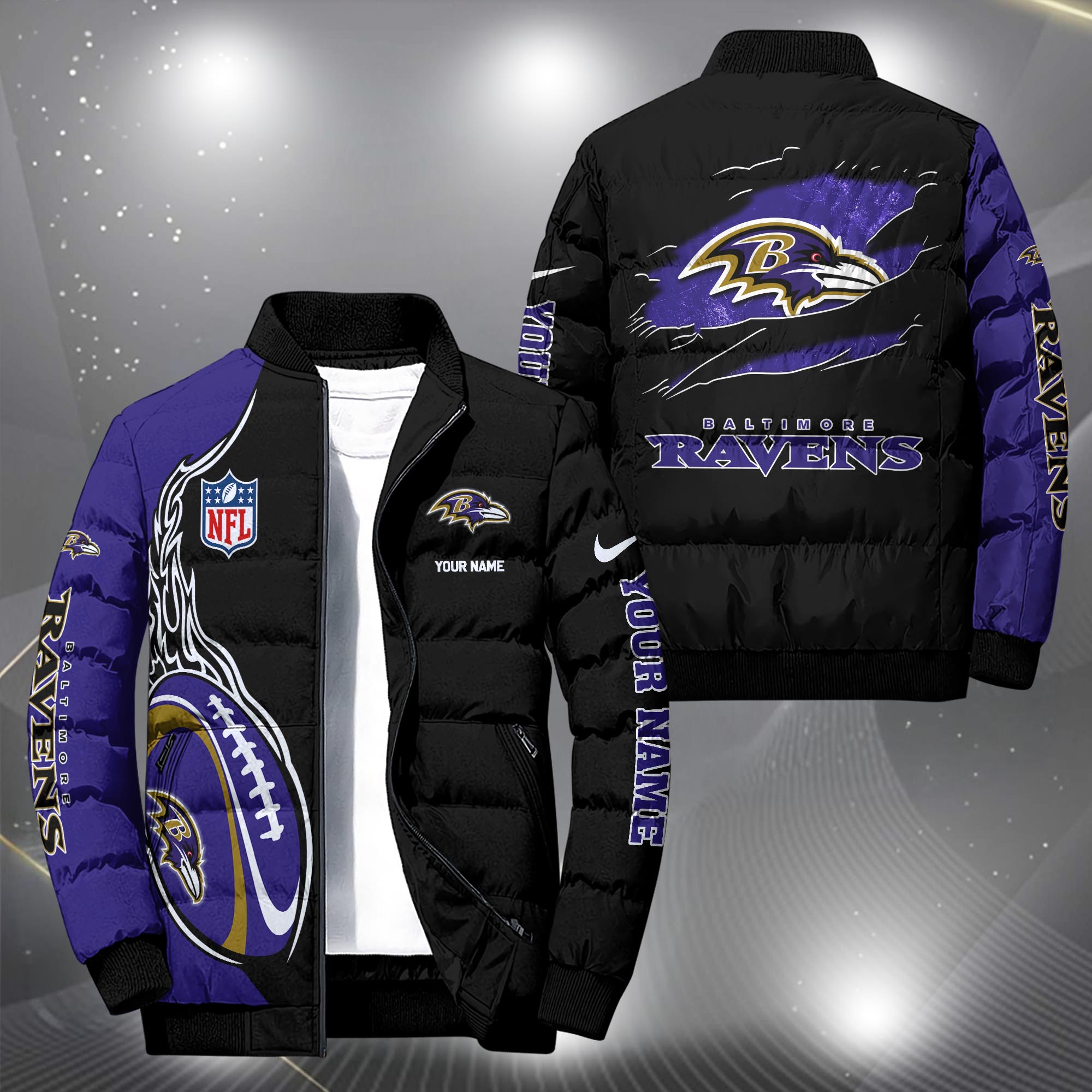 Baltimore Ravens Puffer Jacket Custom Your Name, Sport Jacket, FootBall Fan Gifts EHIVM-09303724N
