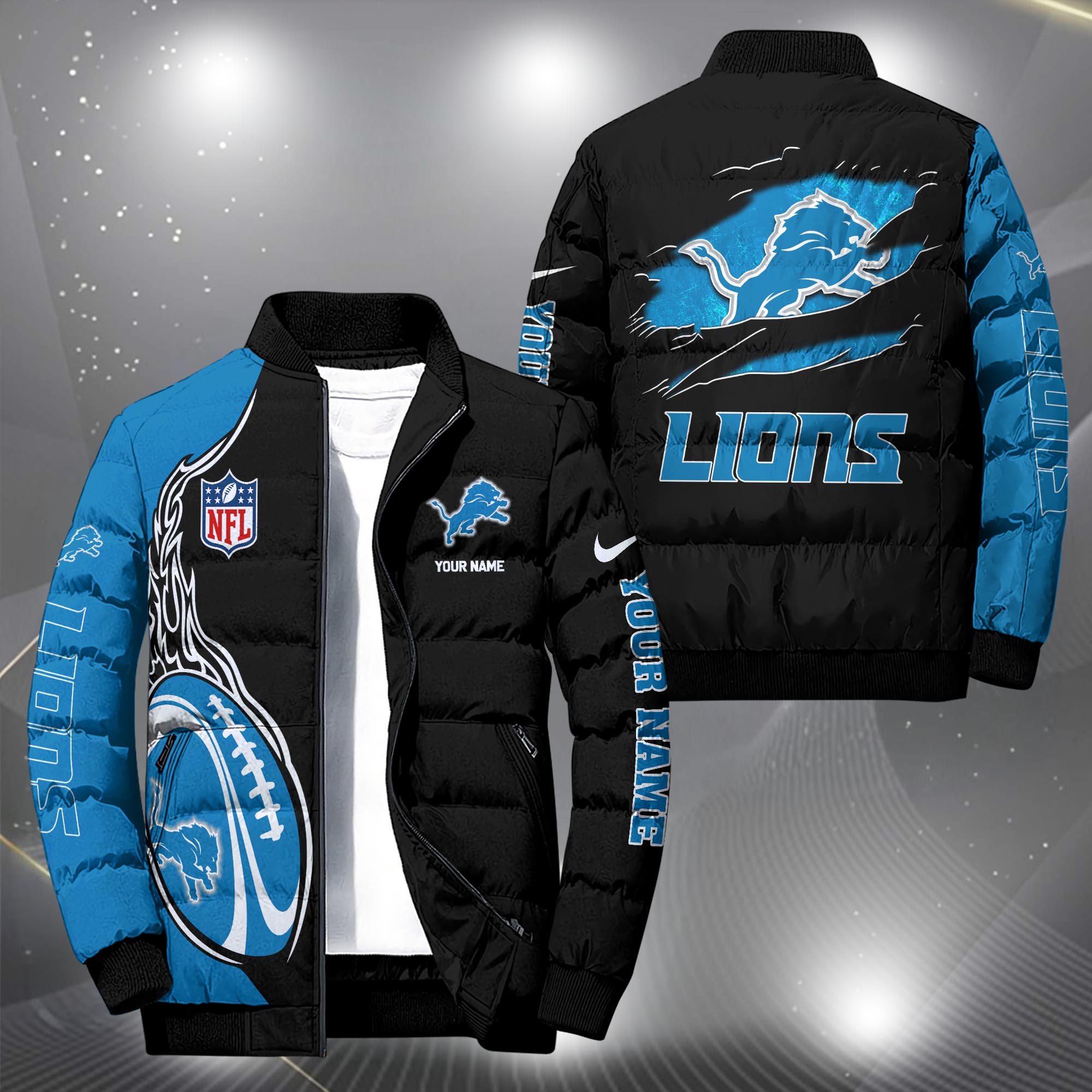 Detroit Lions Puffer Jacket Custom Your Name, Sport Jacket, FootBall Fan Gifts EHIVM-09303724N