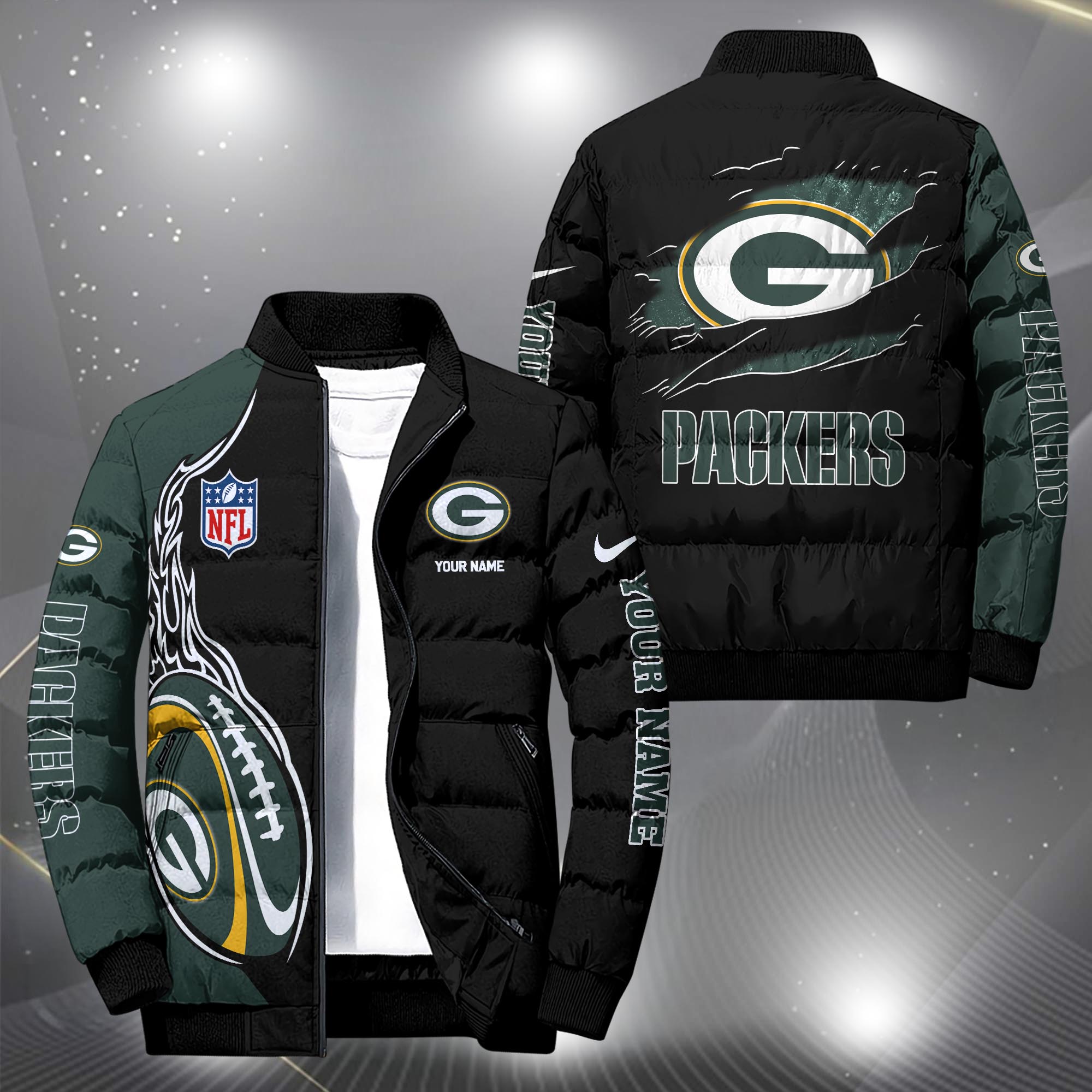 Green Bay Packers Puffer Jacket Custom Your Name, Sport Jacket, FootBall Fan Gifts EHIVM-09303724N
