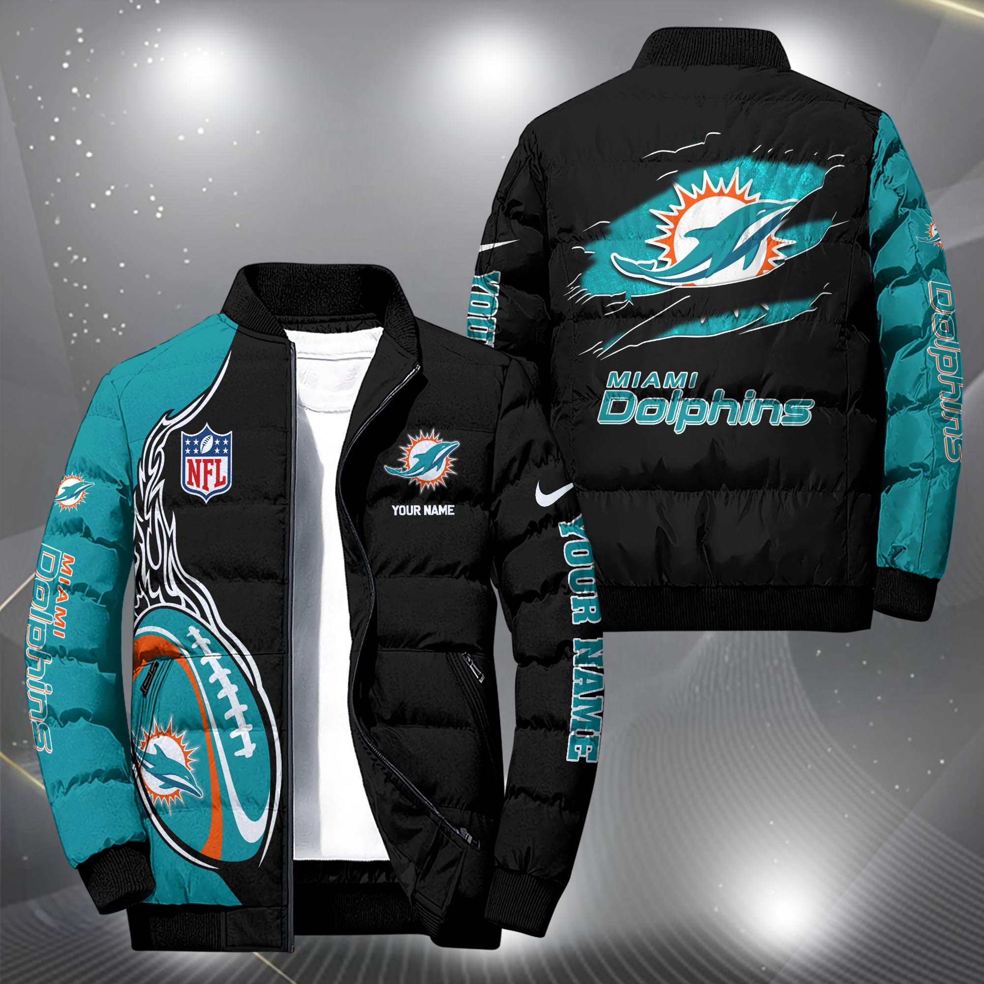 Miami Dolphins Puffer Jacket Custom Your Name, Sport Jacket, FootBall Fan Gifts EHIVM-09303724N