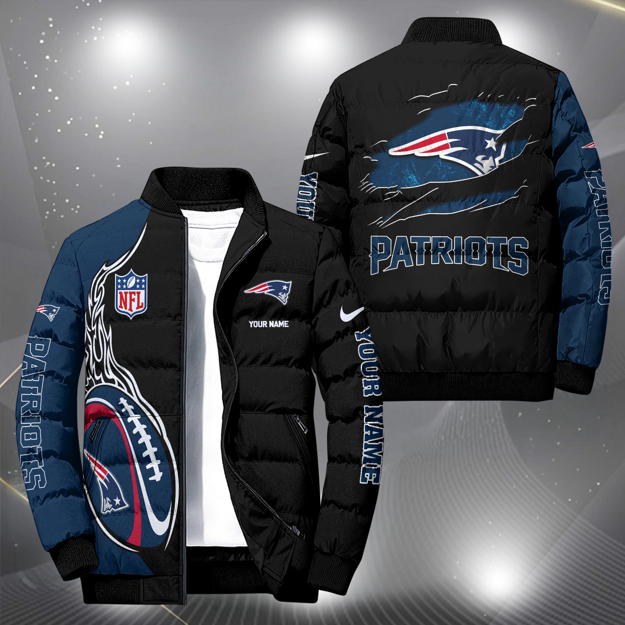 New England Patriots Puffer Jacket Custom Your Name, Sport Jacket, FootBall Fan Gifts EHIVM-09303724N